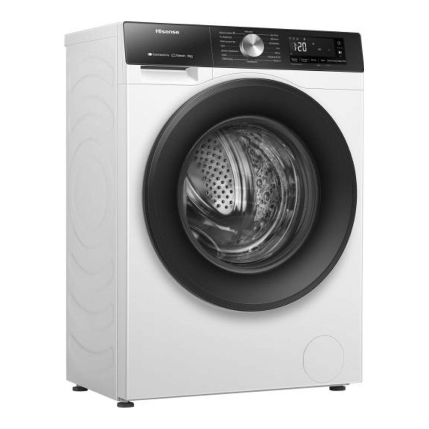 White Hisense washing machine. Black door and control panel. Digital display shows 1:20. Front-load design.