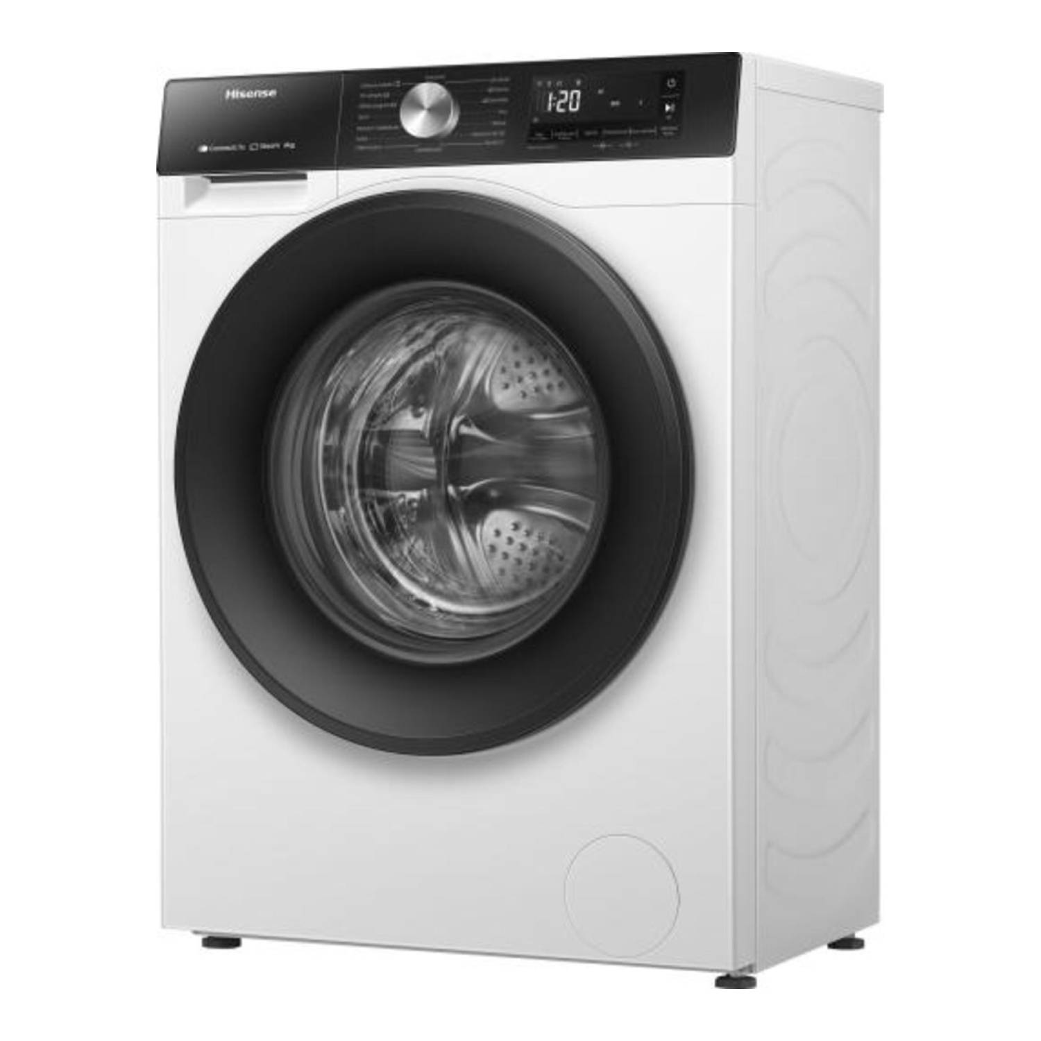 A white Hisense washing machine with a black door. It has a digital display showing "1:20". The machine stands on a white surface.