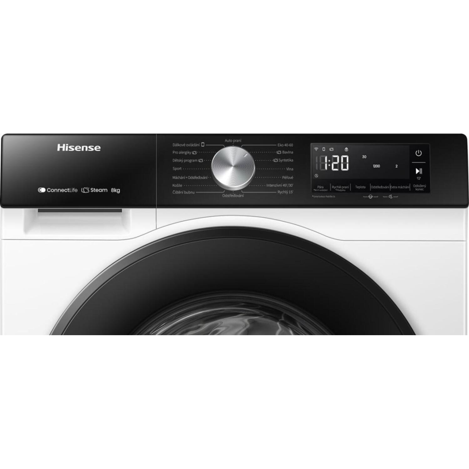 A white Hisense washing machine with a black control panel. It displays time, settings, and program options.