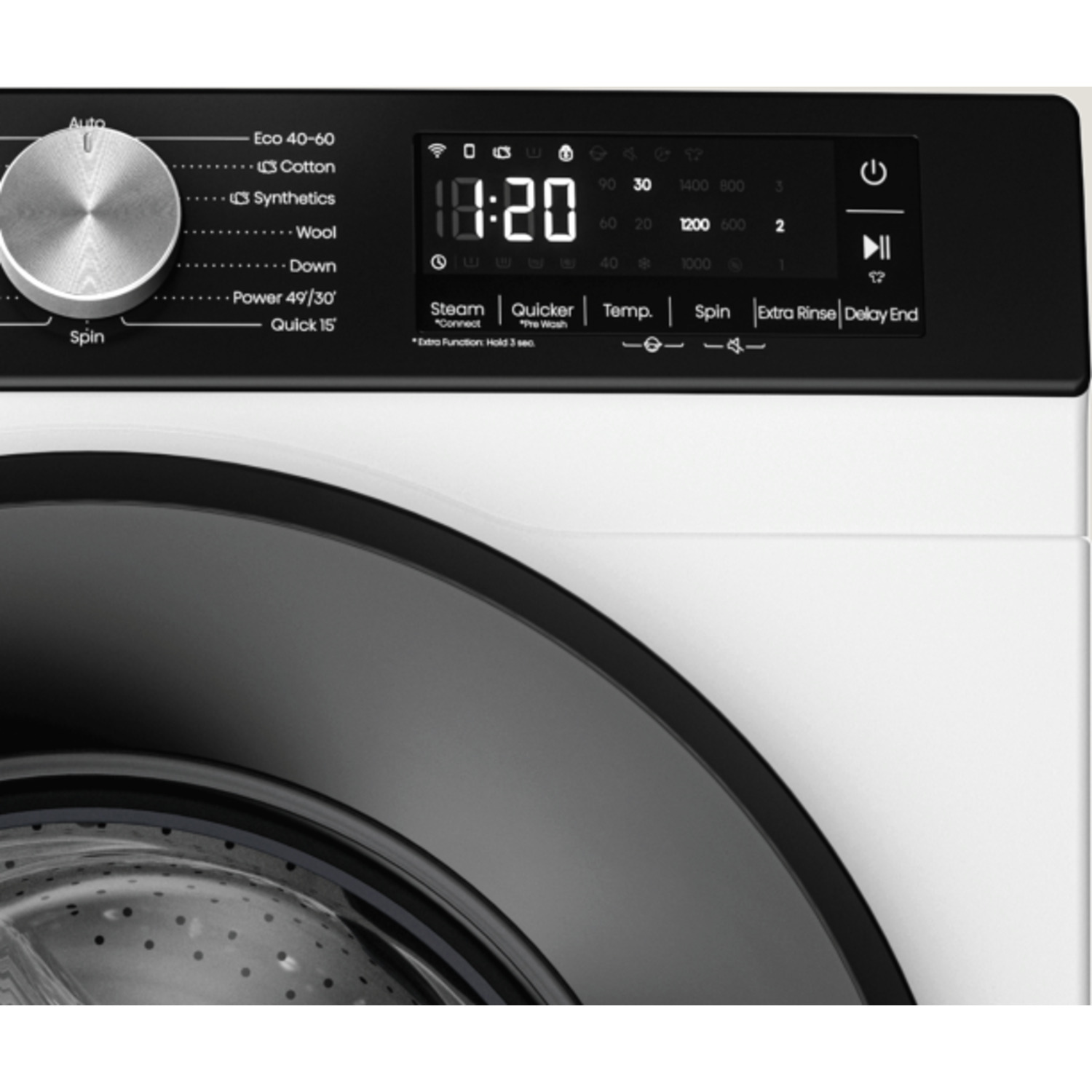 Washing machine control panel. Displays time 18:20, spin settings, and program options like cotton, wool, and quick wash.