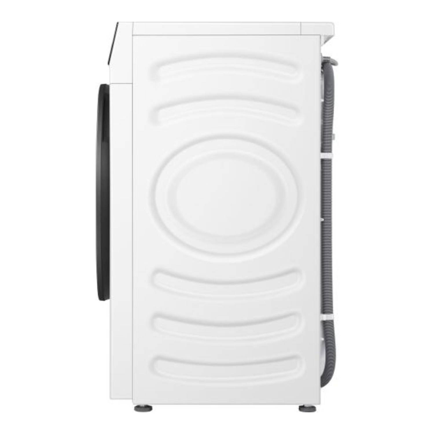 Side view of a white washing machine. It has a black door, a gray hose, and a textured back panel.