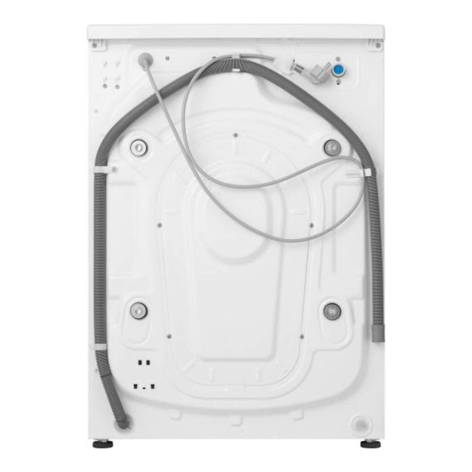 Back of a white washing machine. It has a grey hose and cables attached. There are small black legs at the bottom.