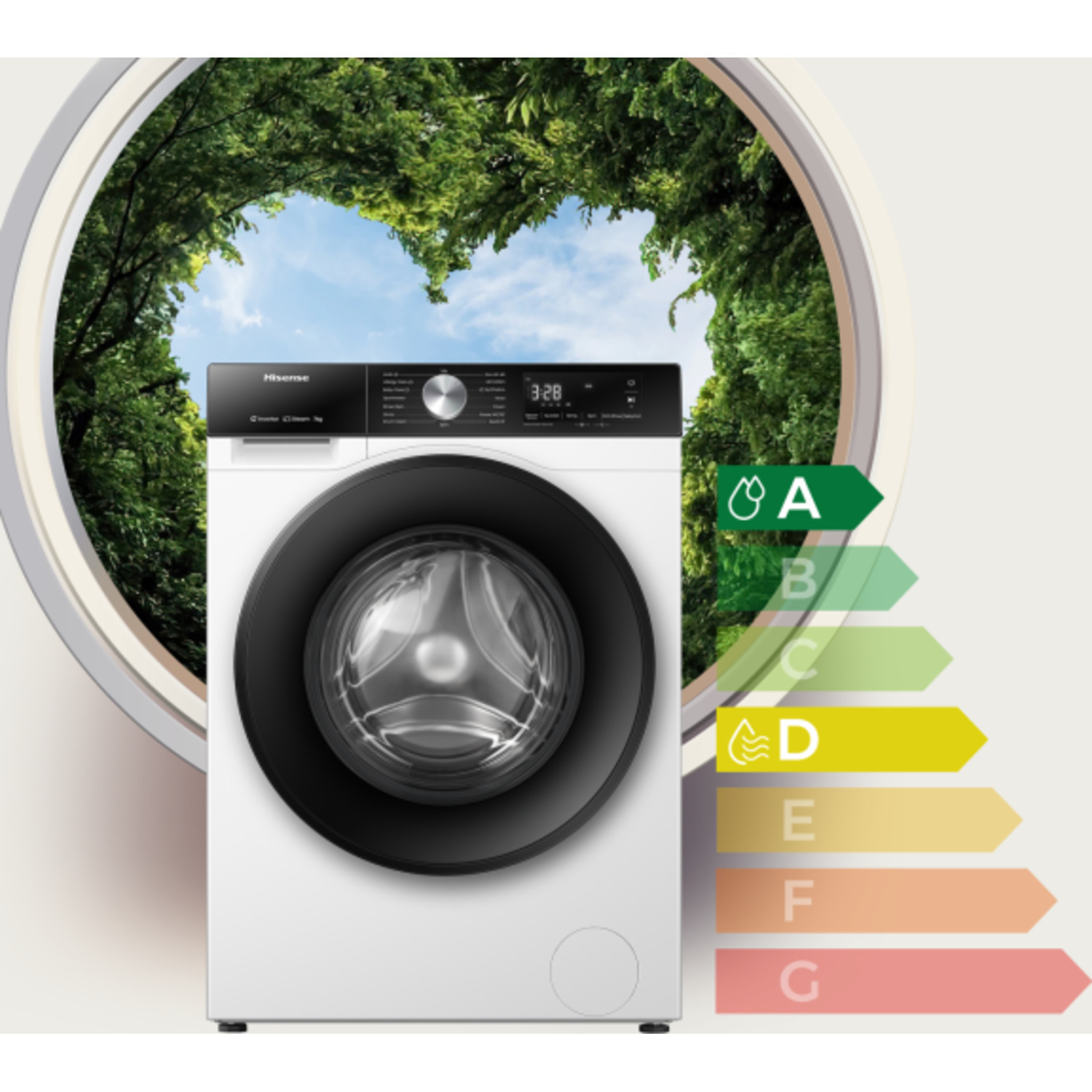 A white washing machine with a black door, inside a round window. Green foliage and blue sky are visible in the background.