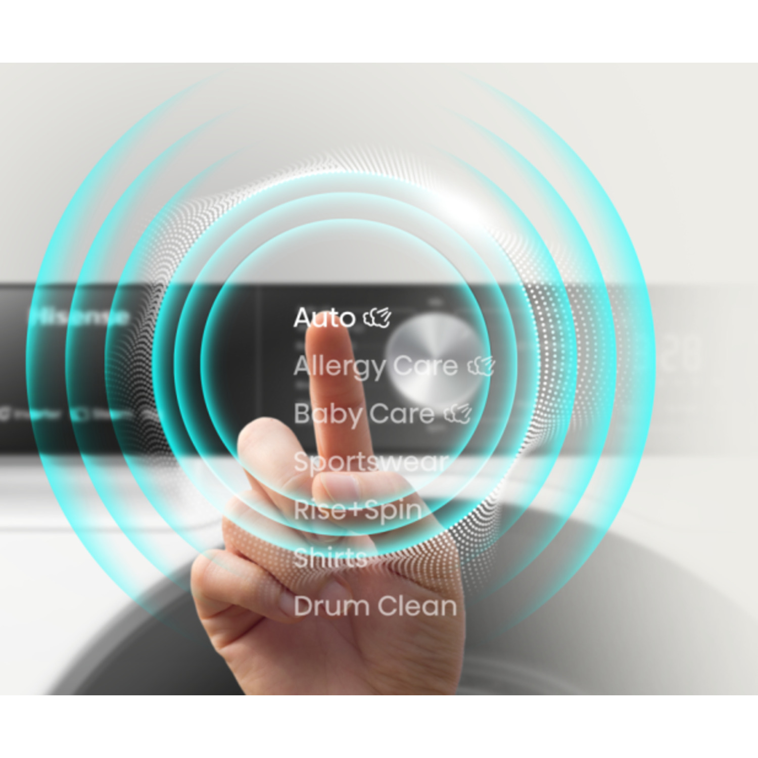 A hand touches a washing machine control panel. Options include Auto, Allergy Care, Baby Care, Sportswear, Rise+Spin, Shirts, and Drum Clean.