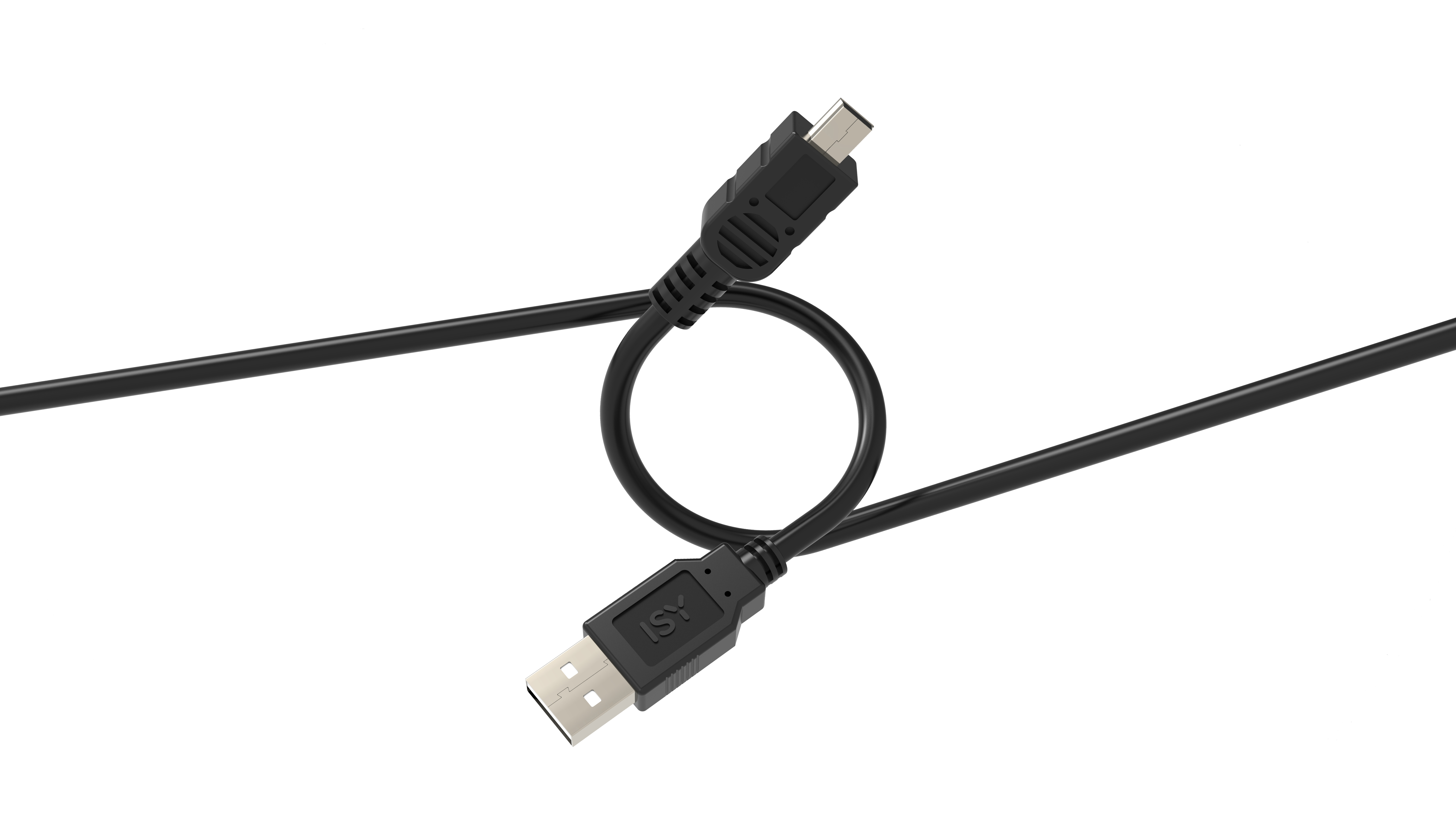 Schwarzes USB-Kabel, in einer Schleife geformt, mit Steckern an beiden Enden.
