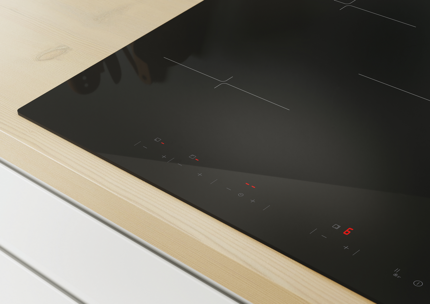 Primer plano de una placa de cocina negra con panel de control y pantalla roja.