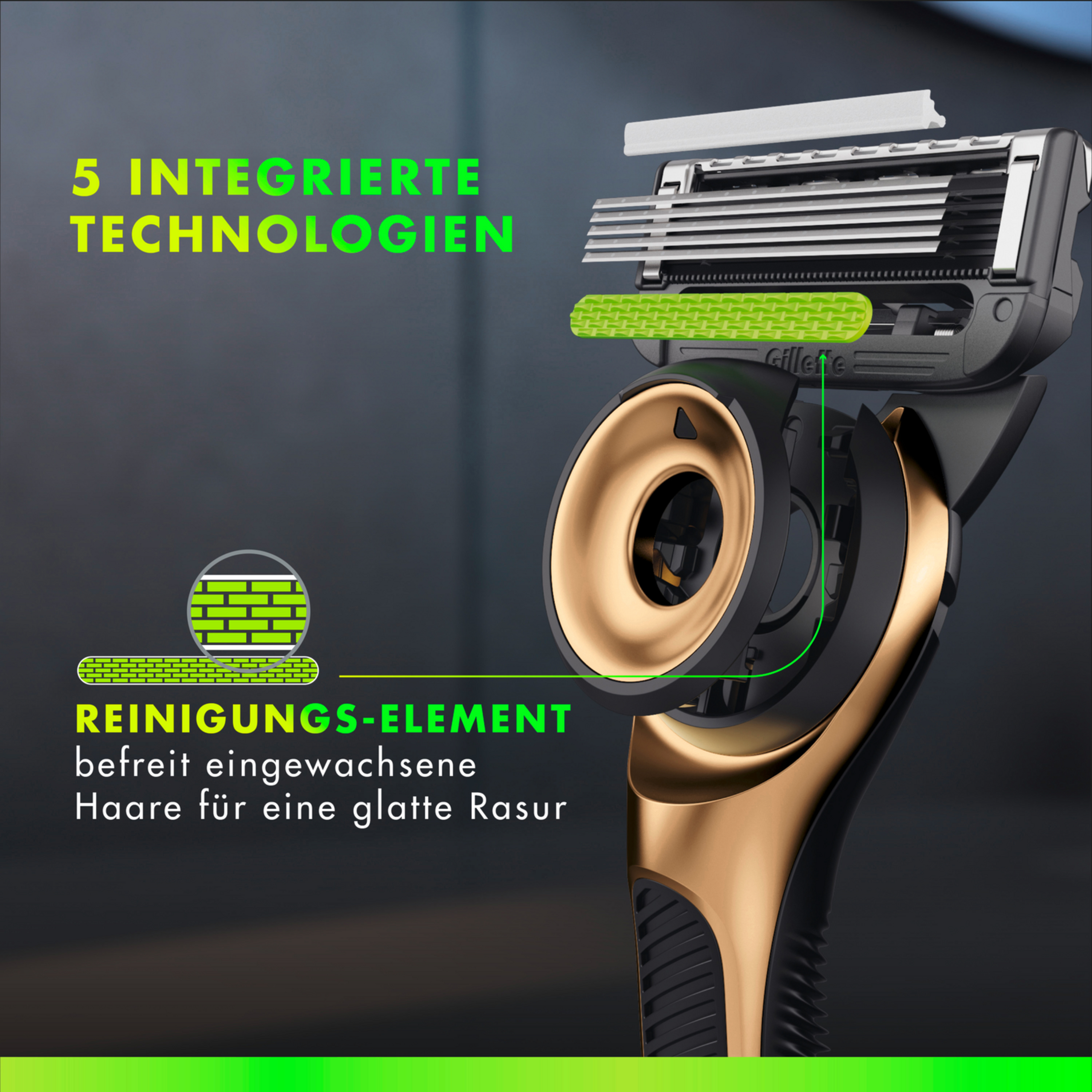 Nahaufnahme des Gillette Labs Rasierers. Einzelteile sind sichtbar, mit Text: Reinigungselement.