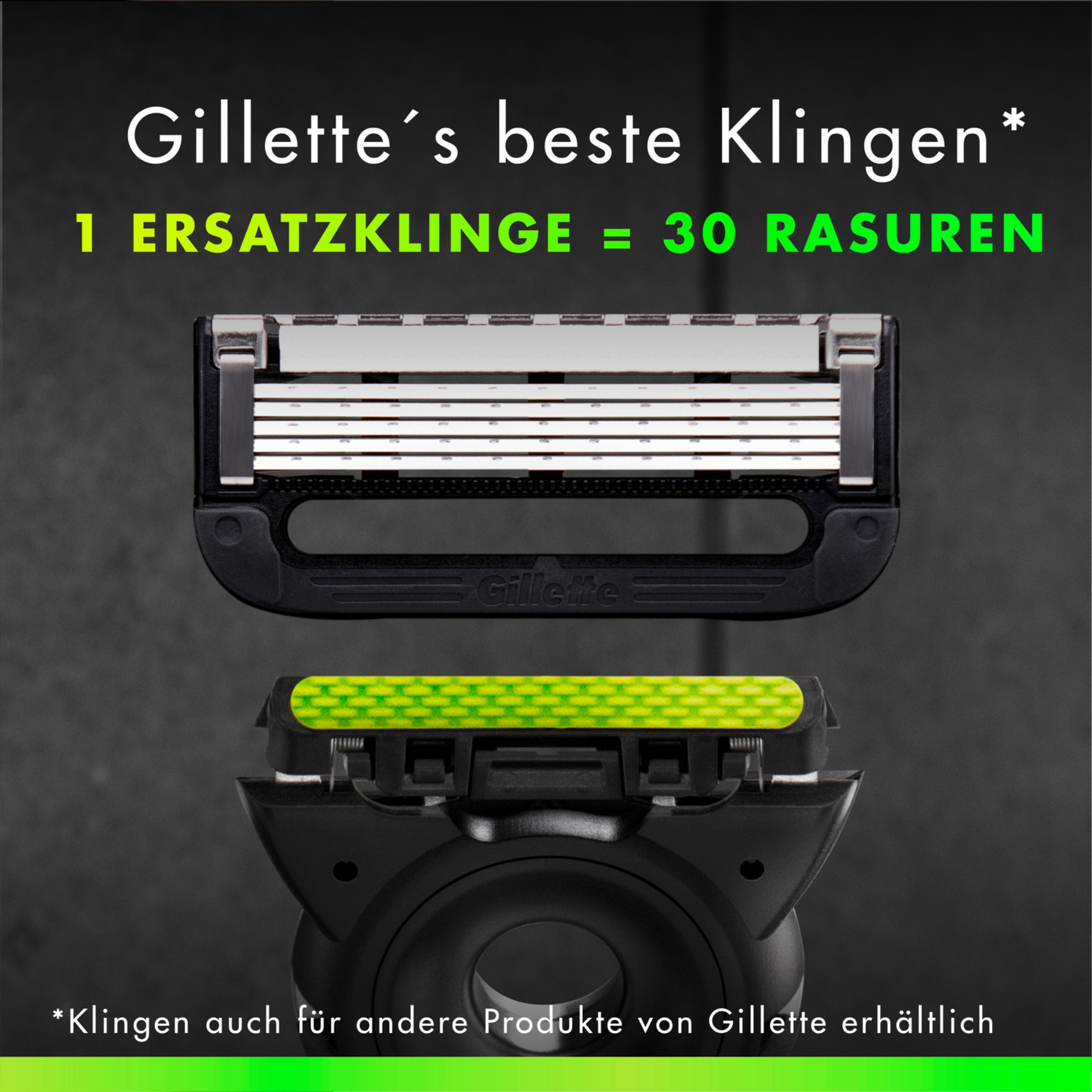 Ersatzklingen für Gillette Rasierer. Text: 1 Ersatzklinge = 30 Rasuren.