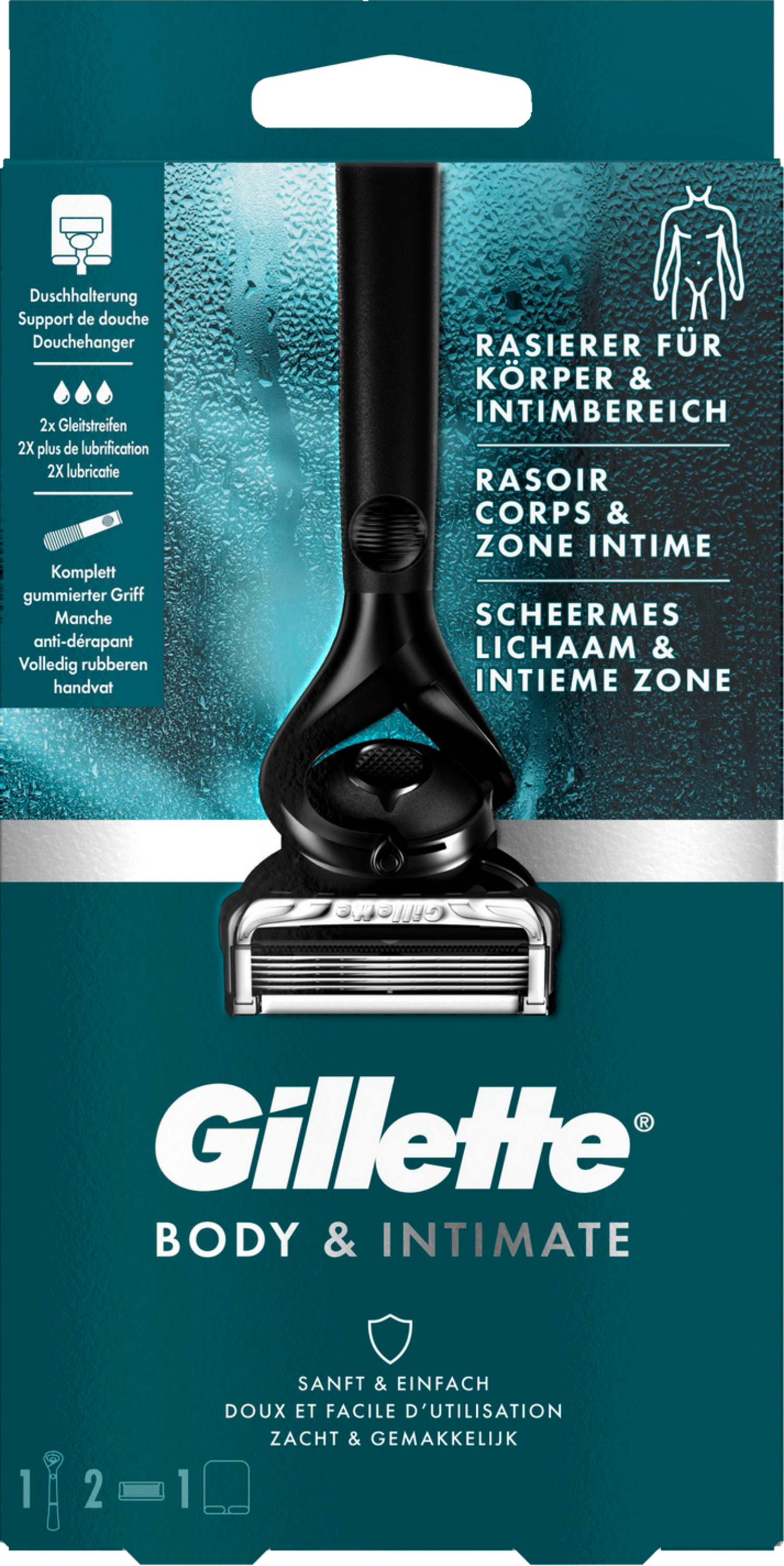 Verpackung für Gillette Body & Intimate Rasierer, mit Rasierer und Anwendungsbeispielen.
