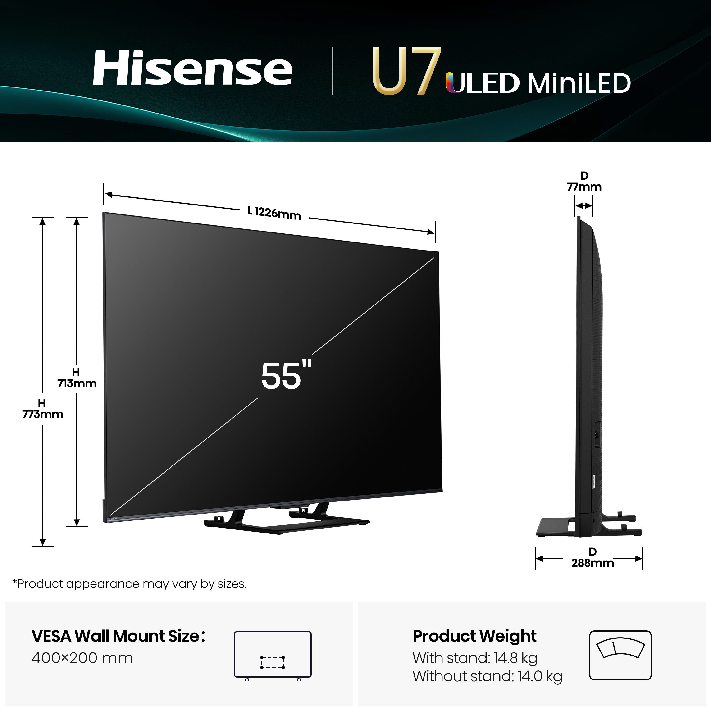 Hisense ULED MiniLED TV, specifikációkat és méreteket mutat, fekete és ezüst.