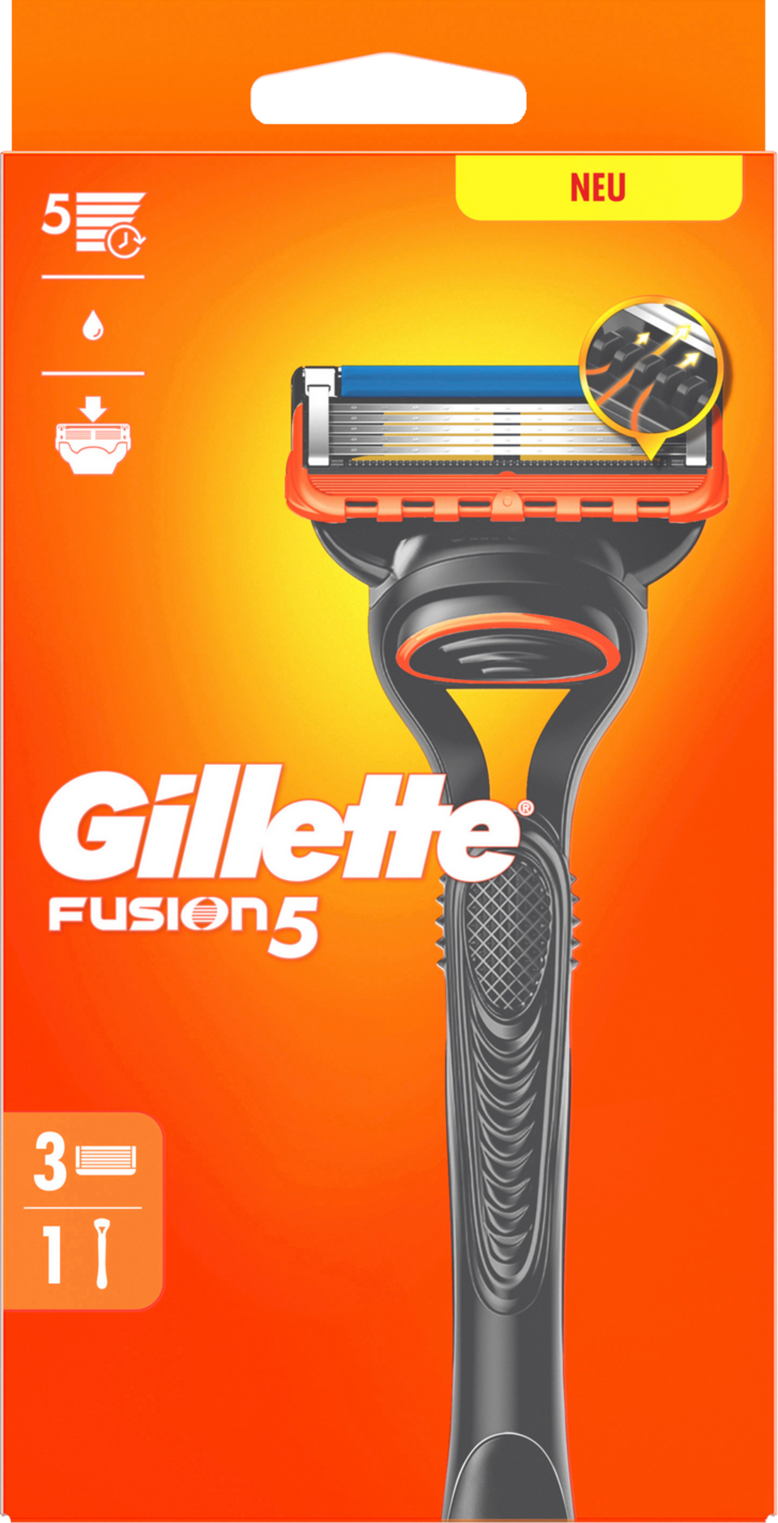 Verpackung einer Gillette Fusion 5 Rasierklinge mit einem Rasierer, mit Text und Symbolen für die Klingen.