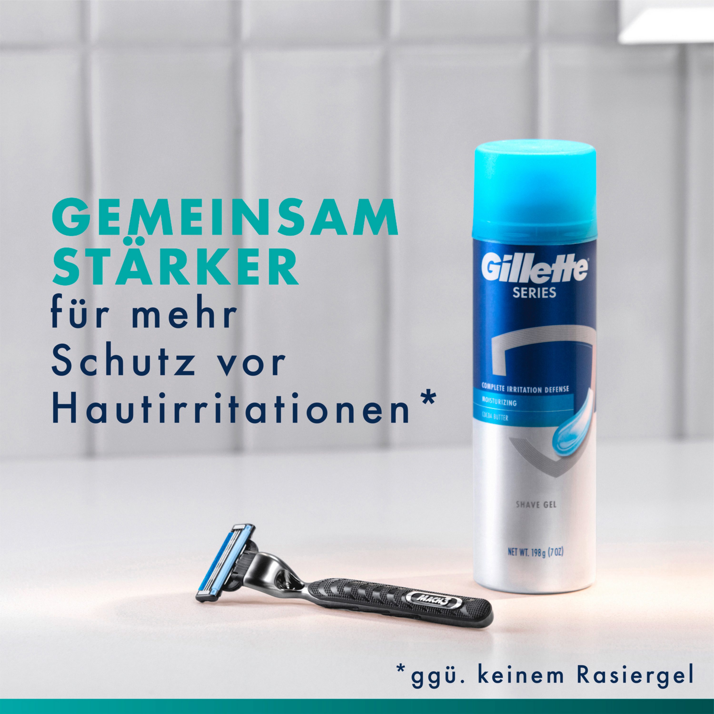 Gillette Rasiergel und Rasierer vor weißem Hintergrund. Text: Gemeinsam stärker für mehr Schutz.