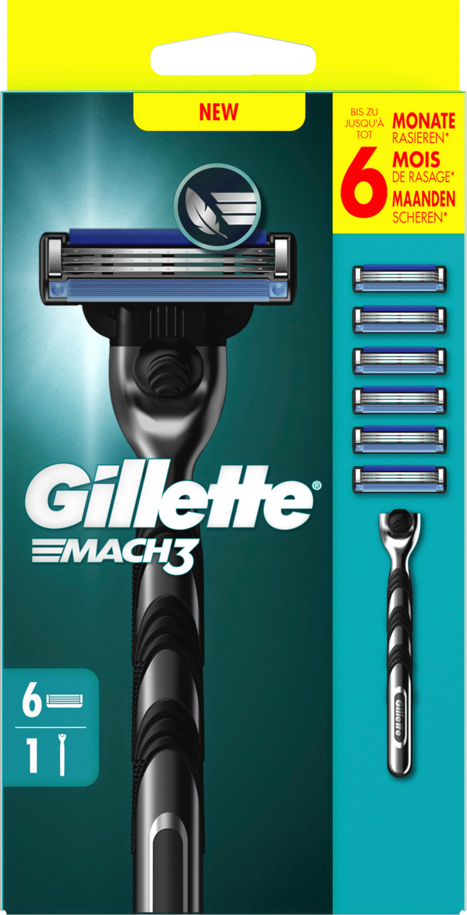Gillette Mach3 Rasierer-Packung mit sechs Klingen und einem Ersatzrasierer auf grünem Hintergrund.