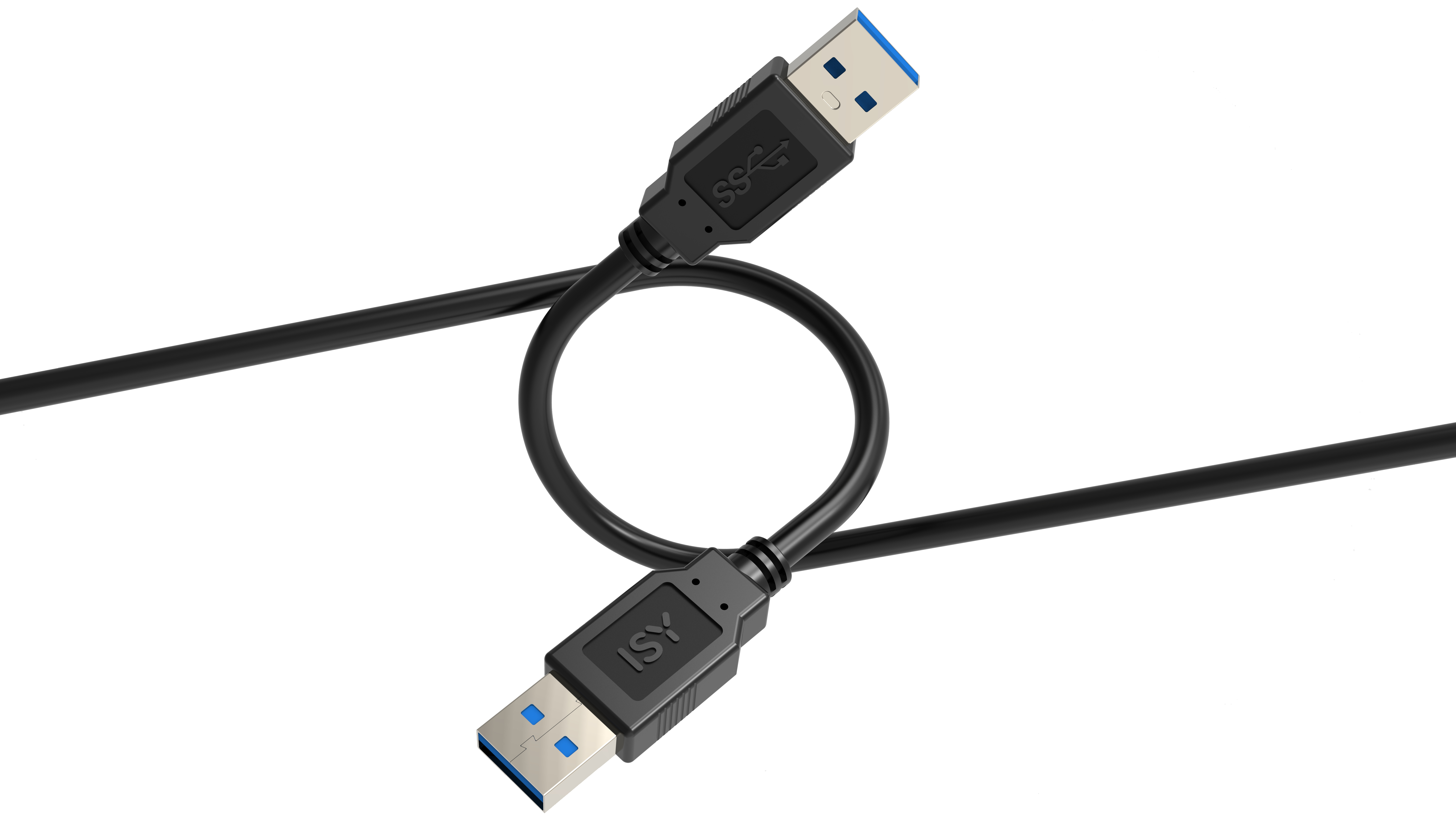 Schwarzes USB-Kabel mit blauen Enden, in einer Schleife angeordnet, vor weißem Hintergrund.