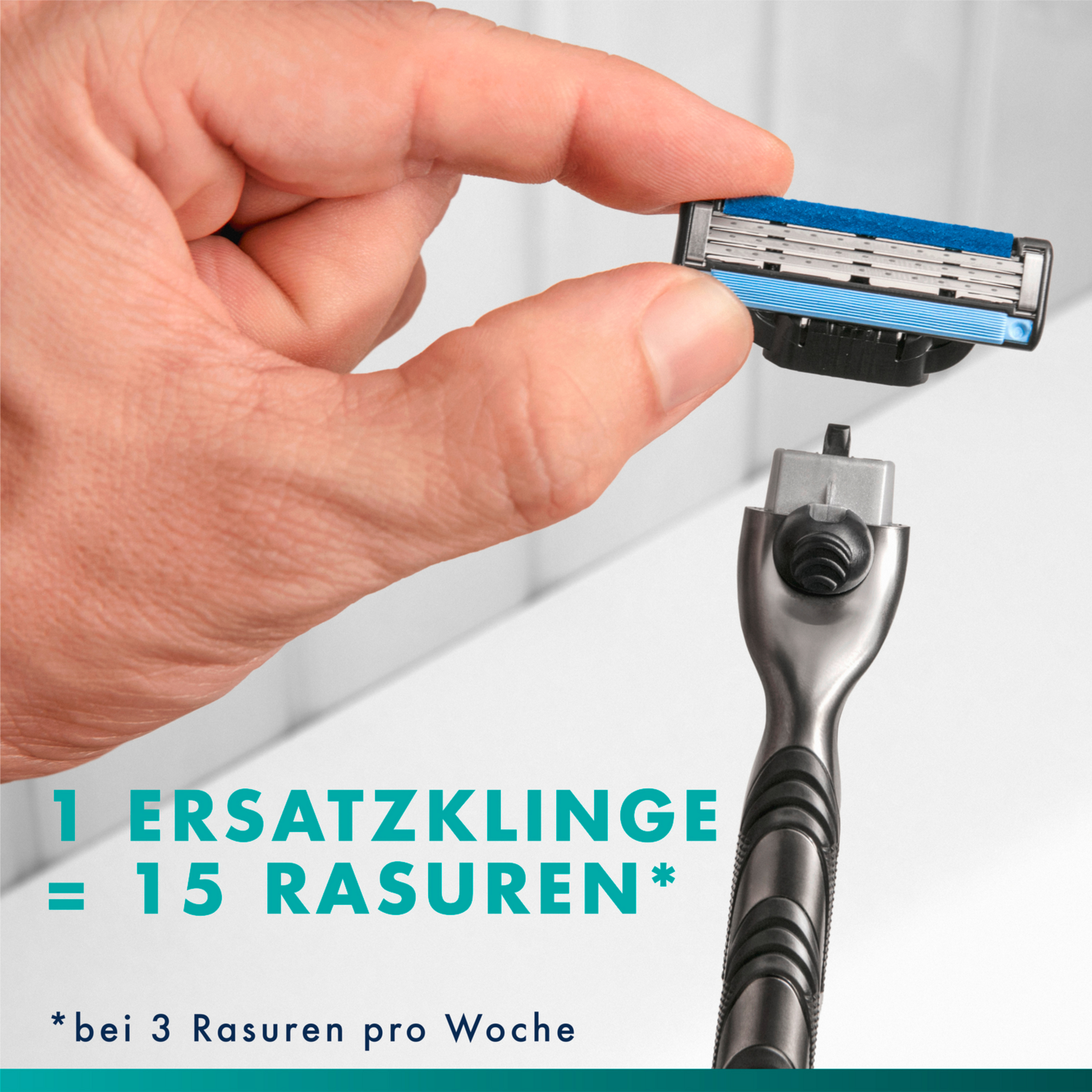 Hand hält Rasierklinge, daneben Rasierer. Text: 1 Ersatzklinge = 15 Rasuren* (bei 3 Rasuren pro Woche).