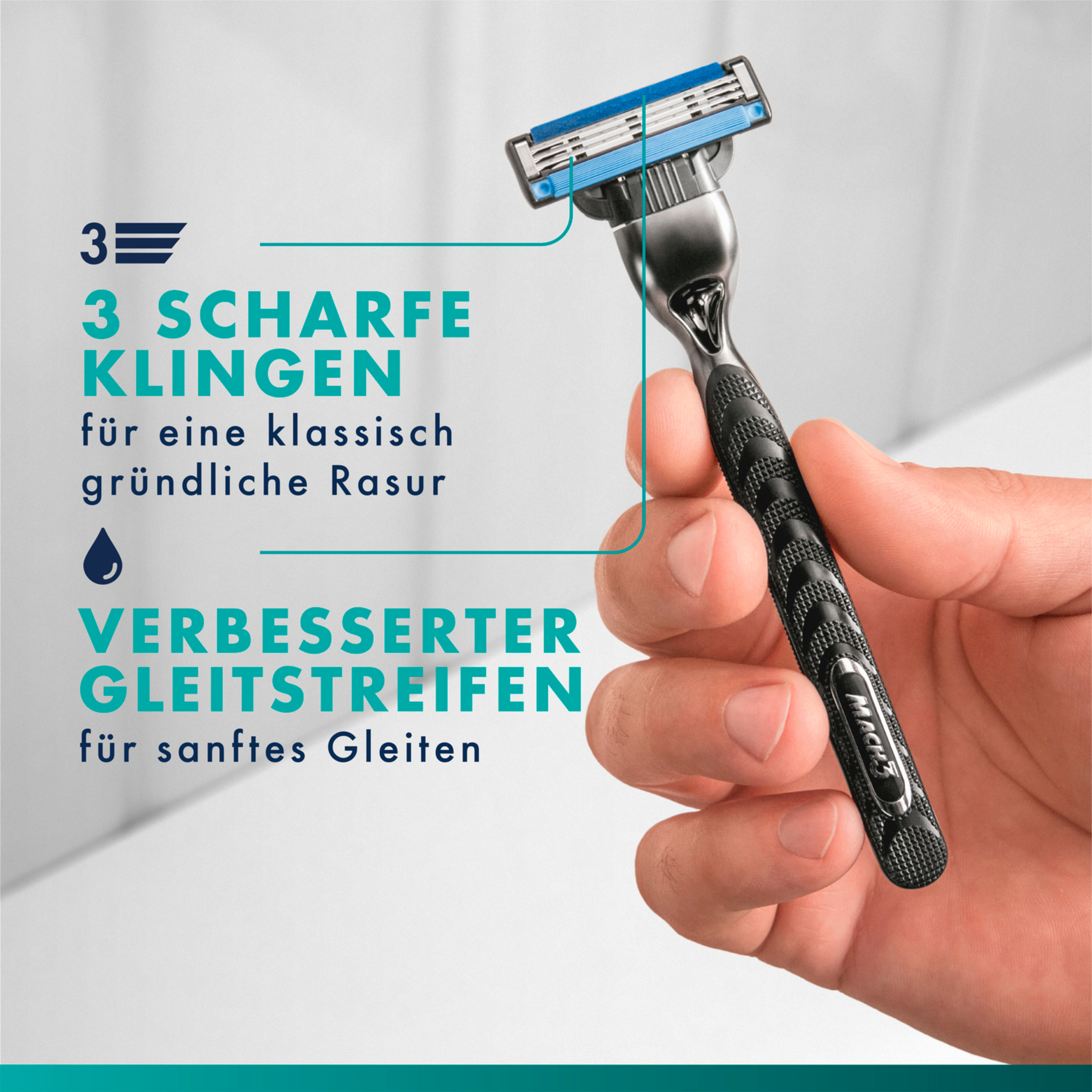Rasierer mit drei Klingen. Text: 3 scharfe Klingen für eine gründliche Rasur. Verbesserter Gleitstreifen für sanftes Gleiten.