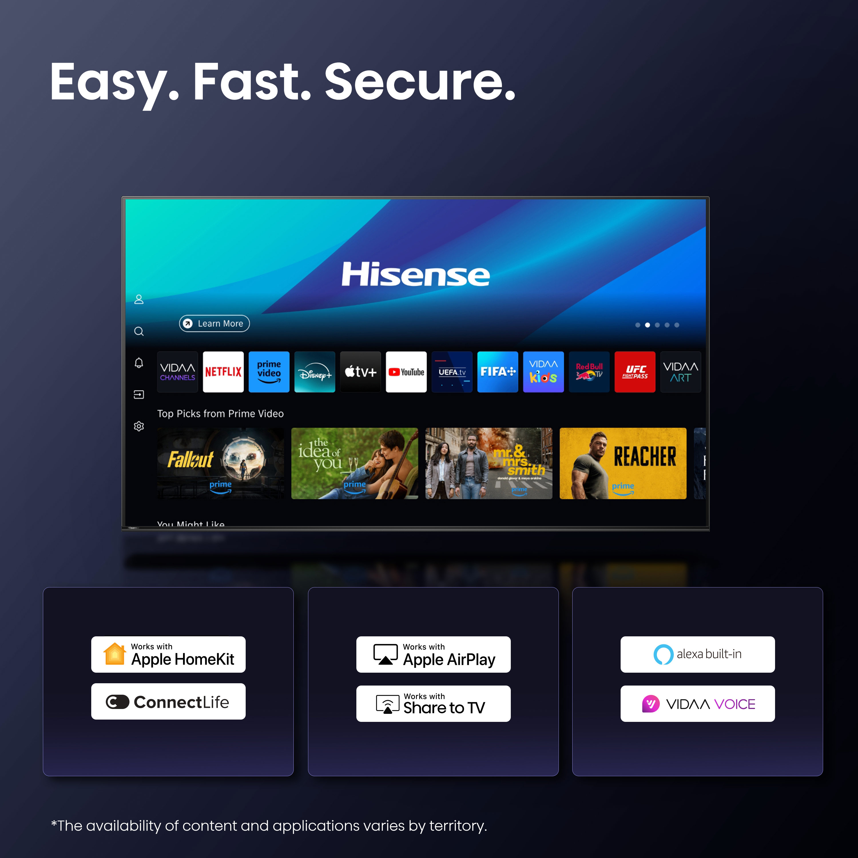 TV felület streaming alkalmazásokat és csatlakozási lehetőségeket mutat, mint például az Apple HomeKit és az AirPlay.