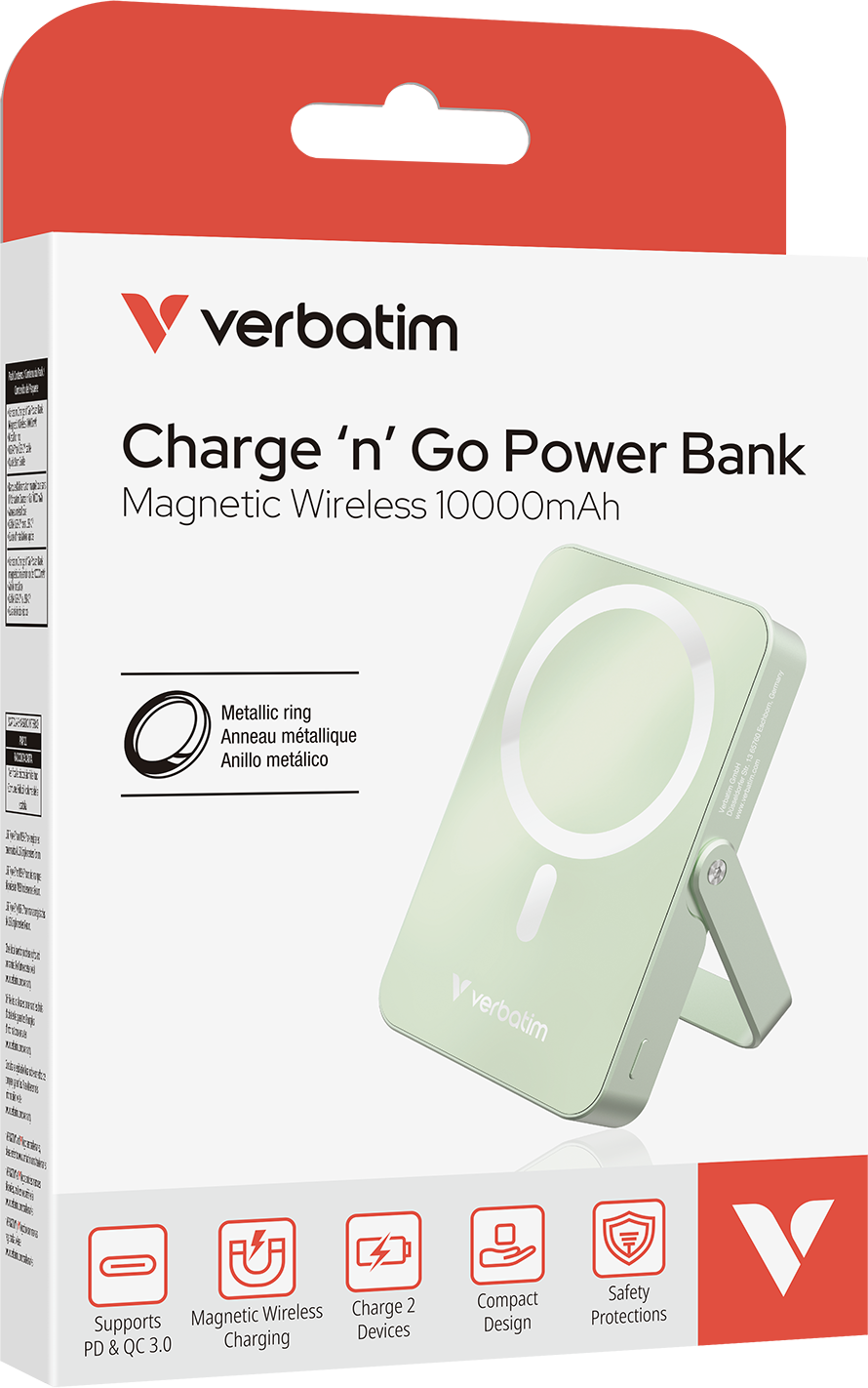 Egy termékdoboz egy töltővel, amelynek fehér köre van, és a 'Charge 'n' Go Power Bank' felirat olvasható.