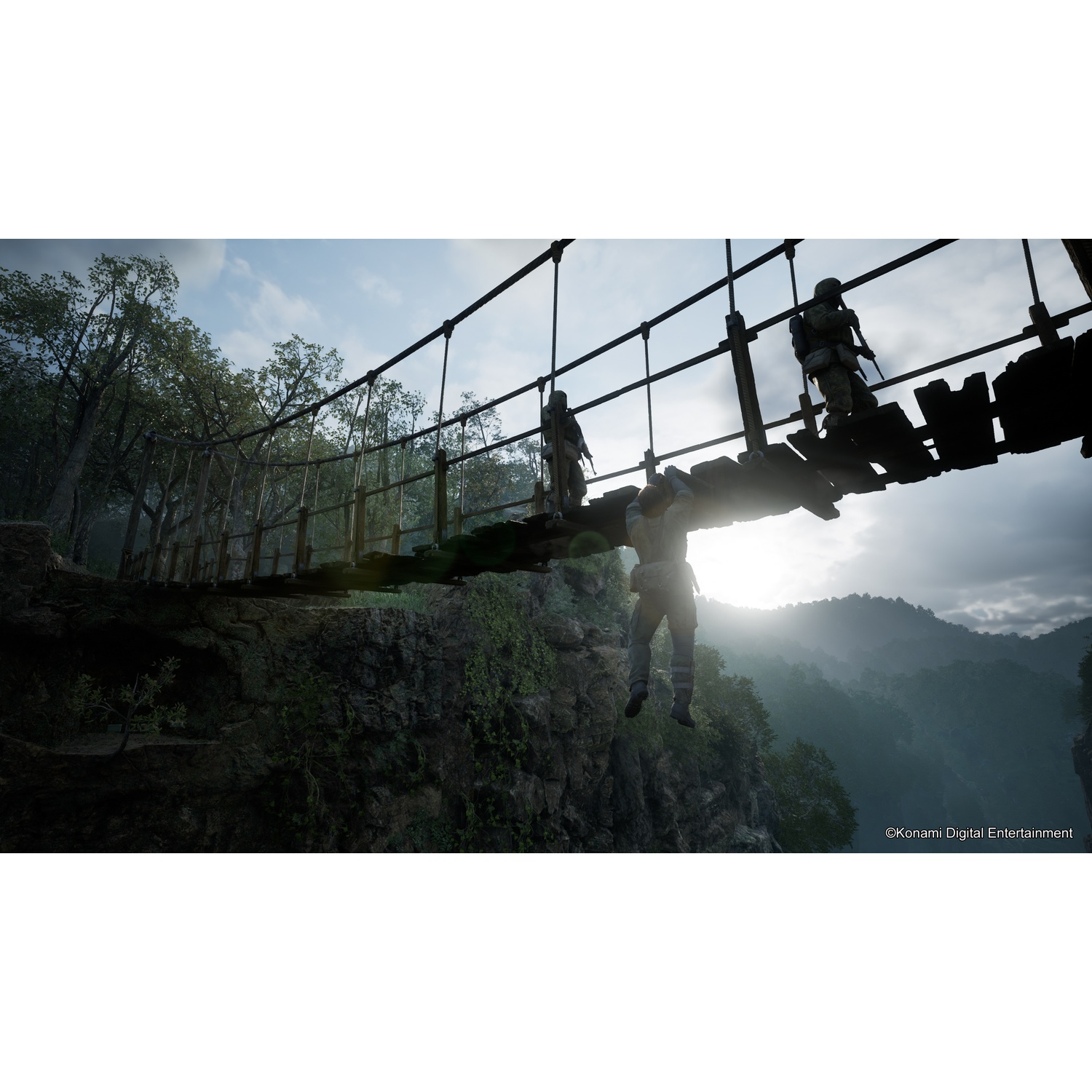 Scena di un videogioco che mostra soldati che attraversano un ponte, con un tramonto sullo sfondo.