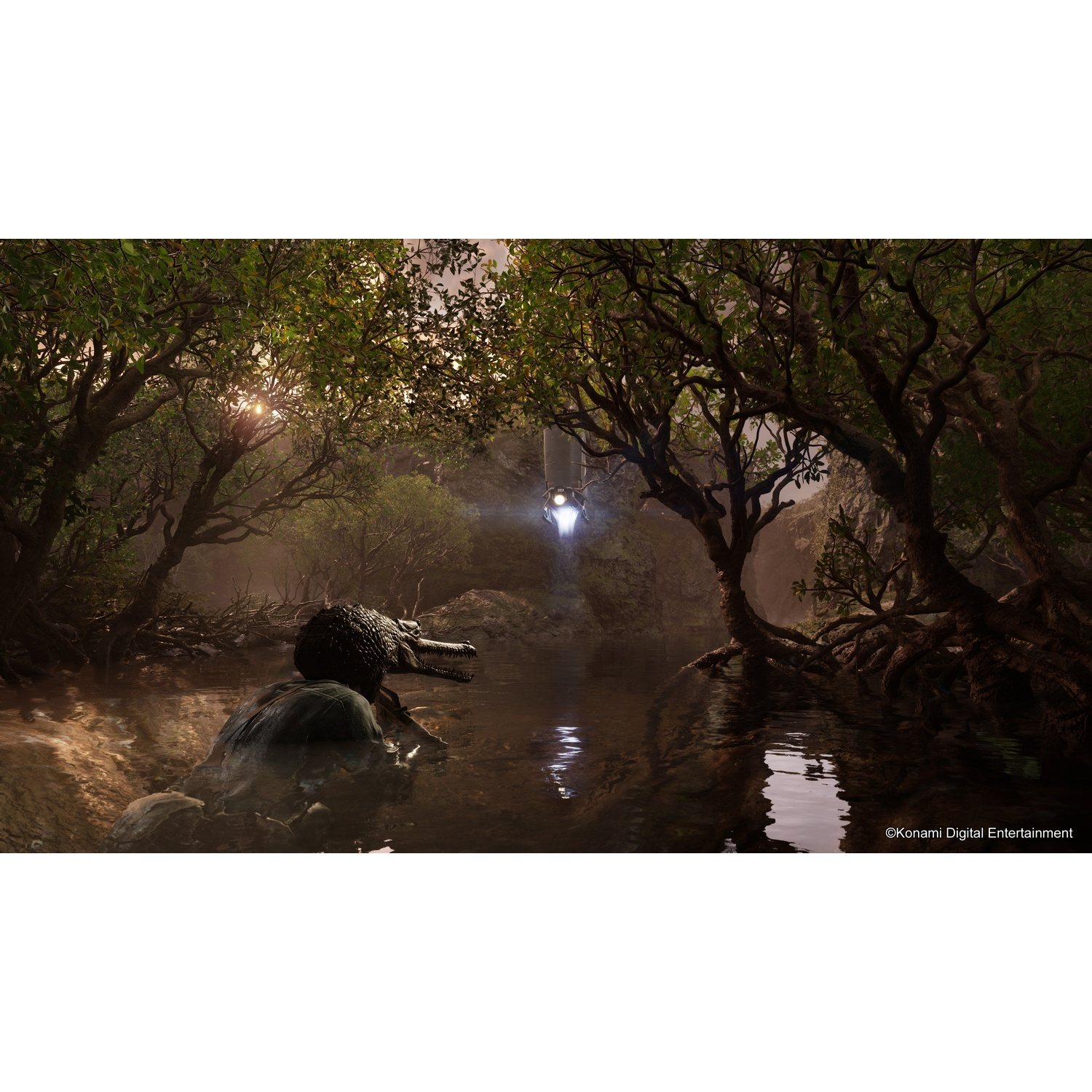 Un coccodrillo in acqua, circondato da alberi, con un fascio di luce sullo sfondo.