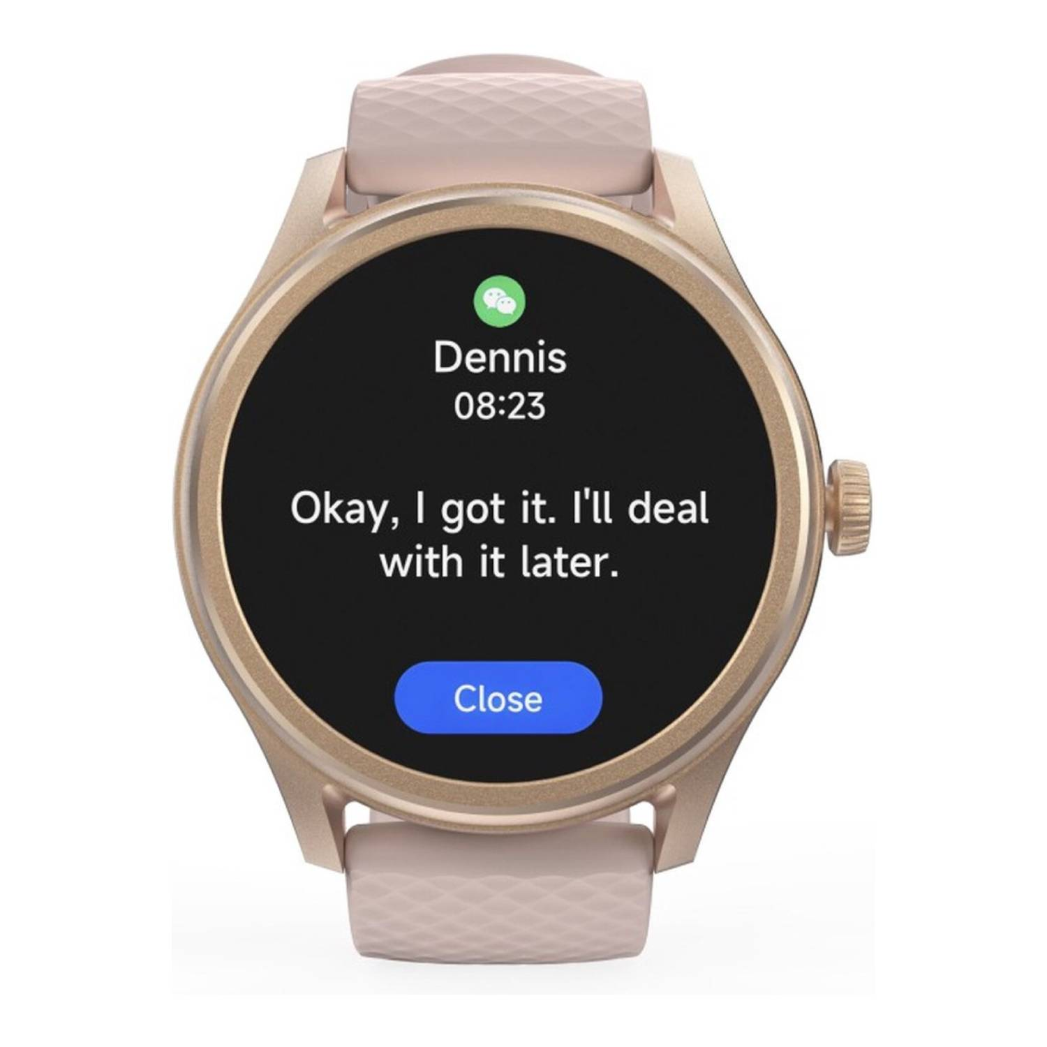 Smartwatch avec message de Dennis: 'D'accord, j'ai compris. Je m'en occuperai plus tard.' L'heure est 08:23.
