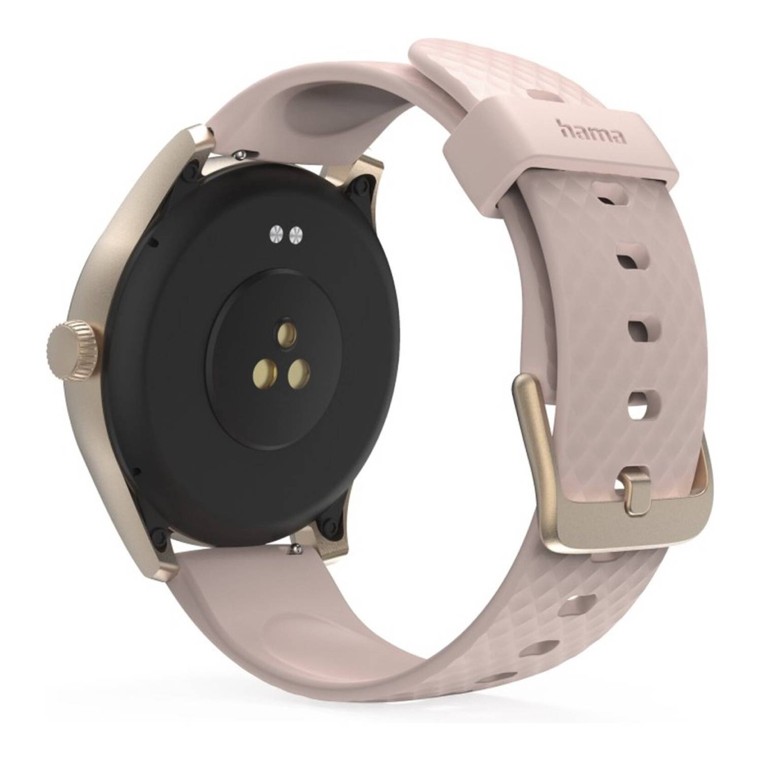 Gros plan d'une montre intelligente. Elle présente un bracelet rose, un boîtier doré et un dessous noir. La marque "hama" est visible.