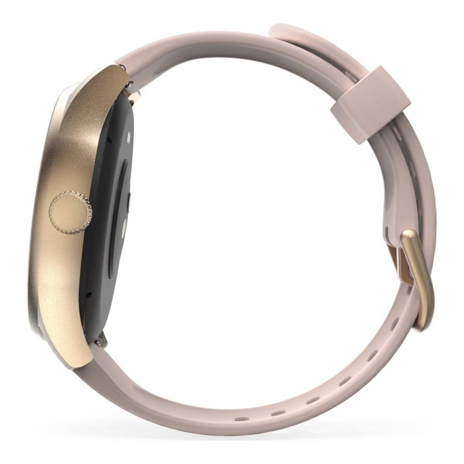 Vue latérale d'une montre connectée. Le cadran est doré, le bracelet rose. Un fermoir et un bouton sont visibles.