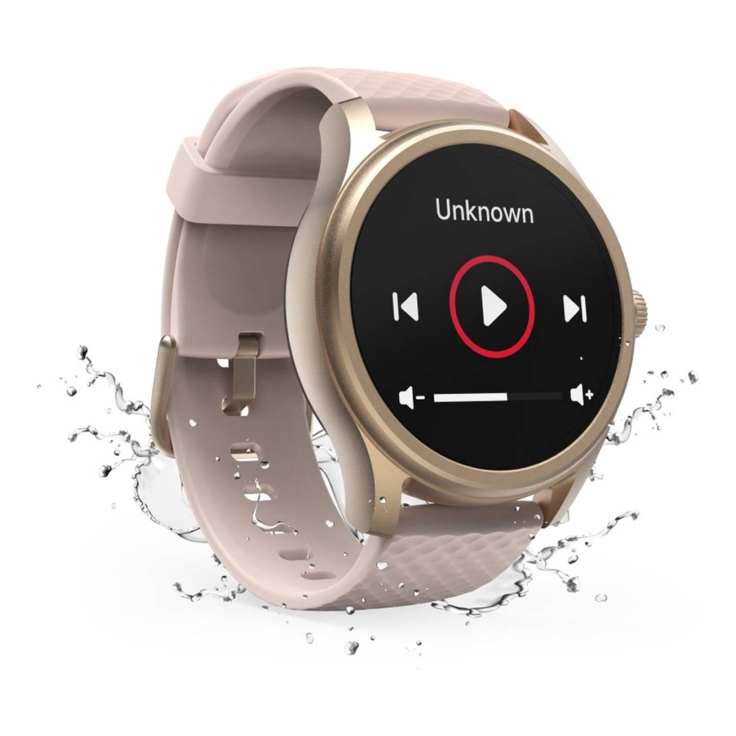 Une montre connectée avec écran noir, bracelet rose et lunette dorée. Des gouttes d'eau l'entourent.