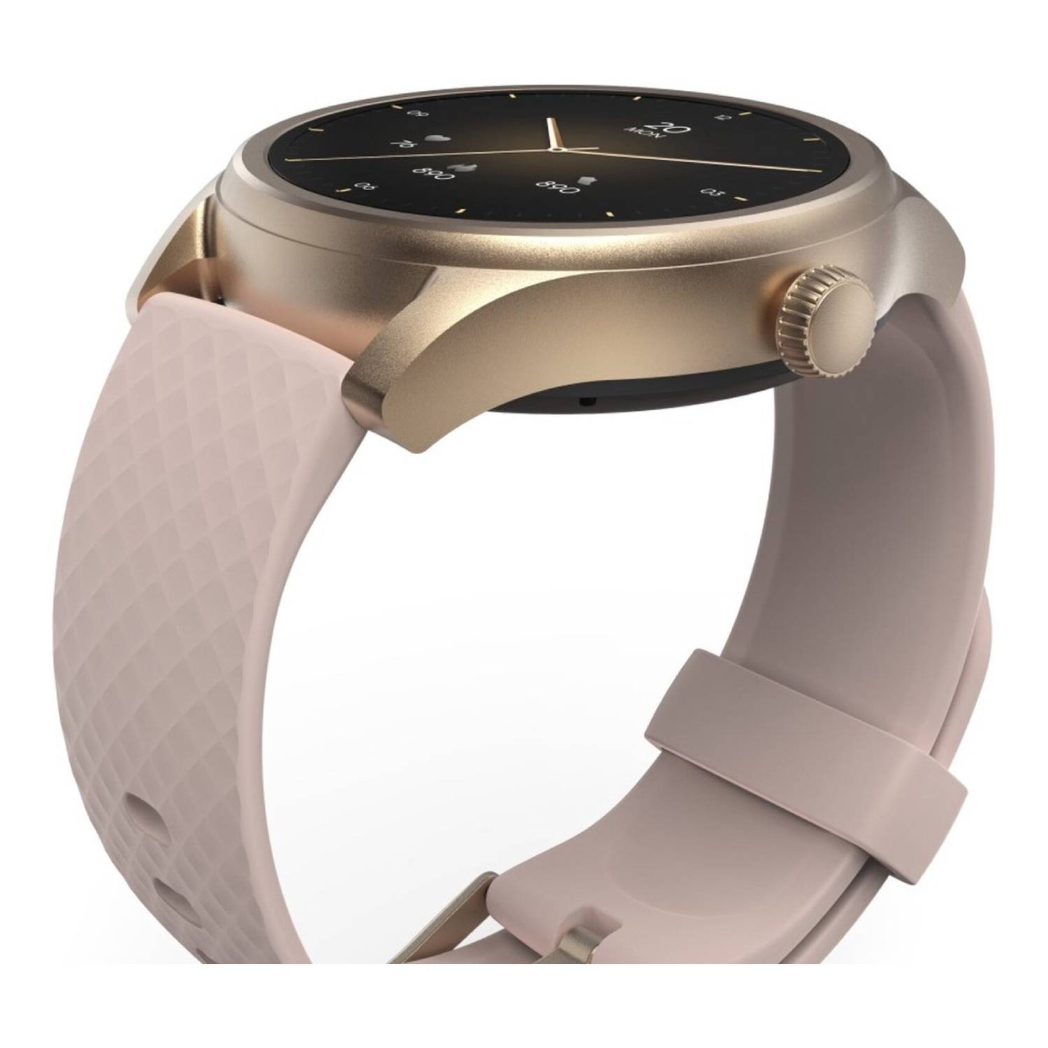 Une montre connectée dorée avec écran noir et bracelet rose. Le bracelet est relié au corps de la montre.