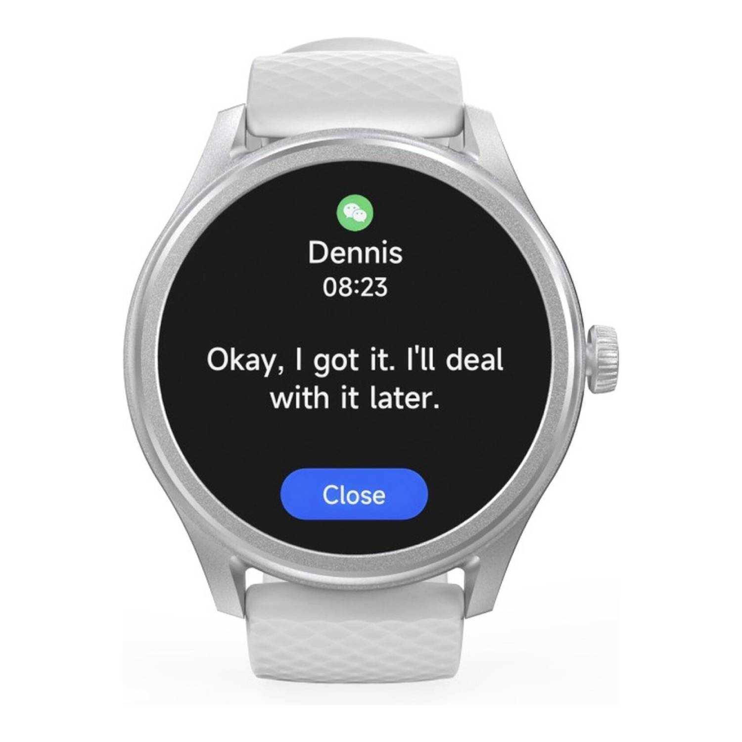 L'écran d'une montre affiche un message de 'Dennis' à 08:23 : 'D'accord, j'ai compris. Je m'en occuperai plus tard.' avec Fermer.