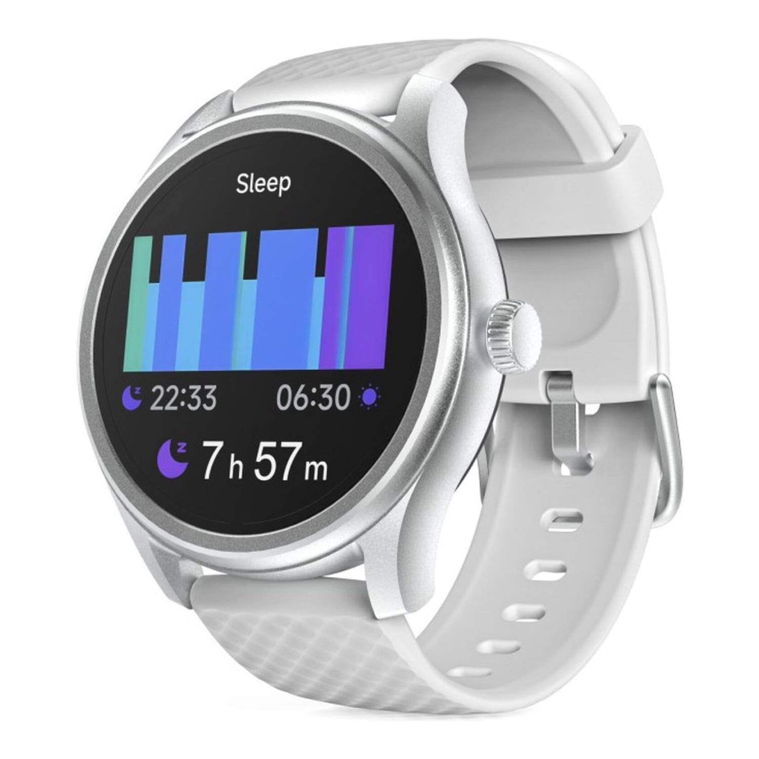 Montre connectée blanche avec données de sommeil. Affiche les phases de sommeil sous forme de barres colorées, temps et durée.