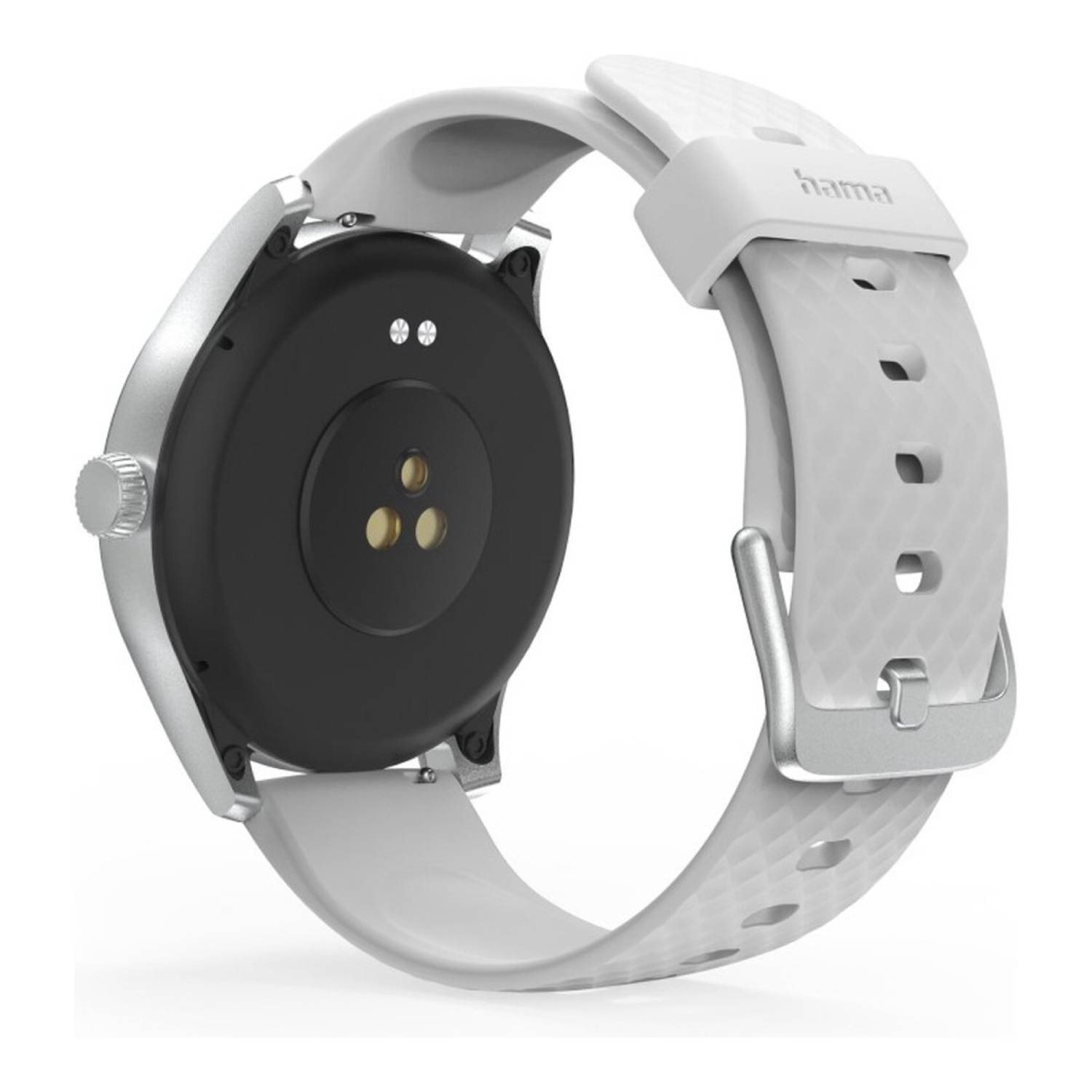 Une montre connectée argentée avec un dos noir et un bracelet blanc. Le bracelet porte le logo Hama et une boucle argentée.