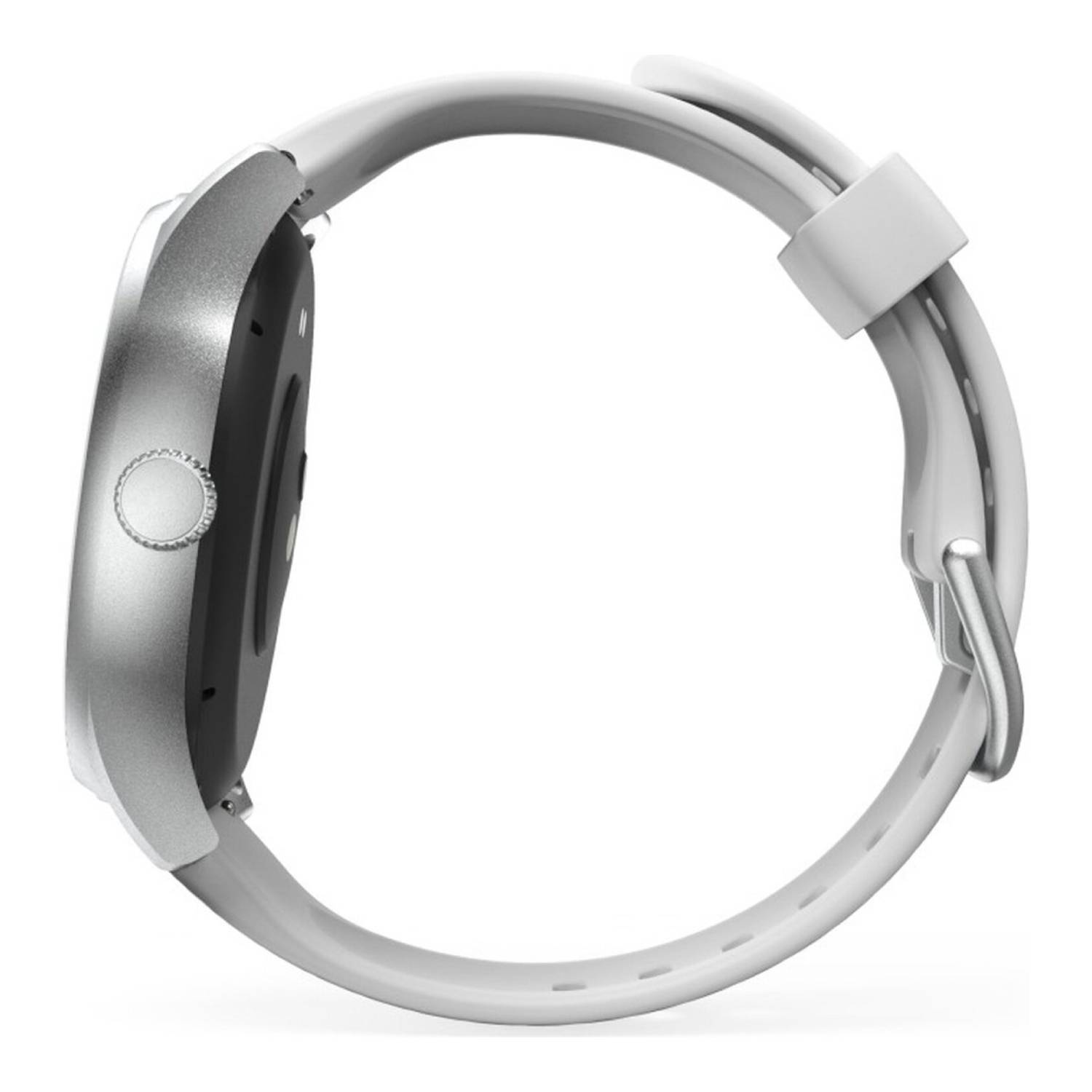 Une montre connectée argentée avec un bracelet blanc est affichée de côté. Le cadran est noir. Le bracelet a une boucle.