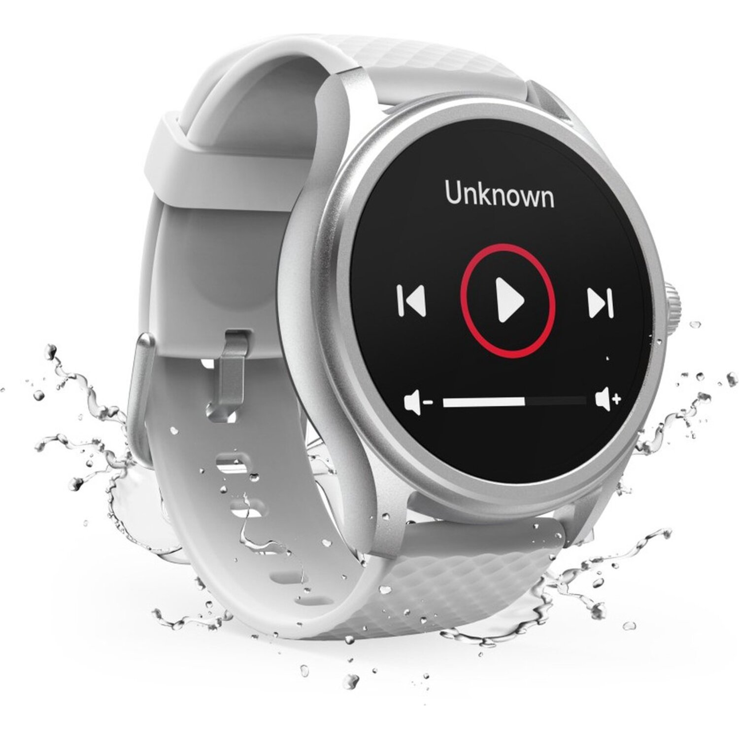 Une montre connectée blanche avec un écran noir affichant des commandes musicales. Des éclaboussures d'eau autour de la montre. L'écran indique 'Inconnu'.