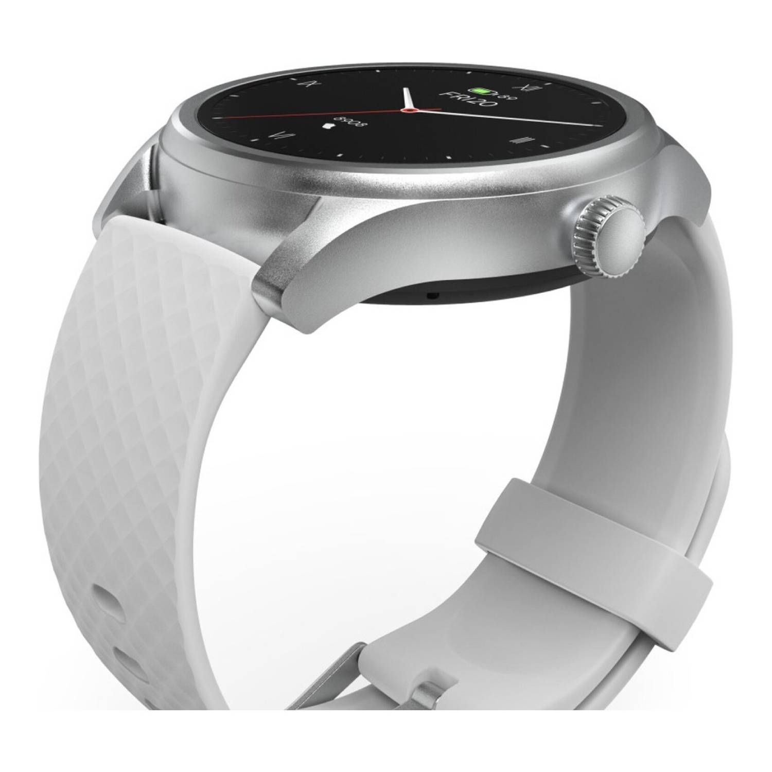 Montre connectée argentée avec cadran noir et bracelet blanc. La montre affiche l'heure. Le bracelet a un motif texturé.