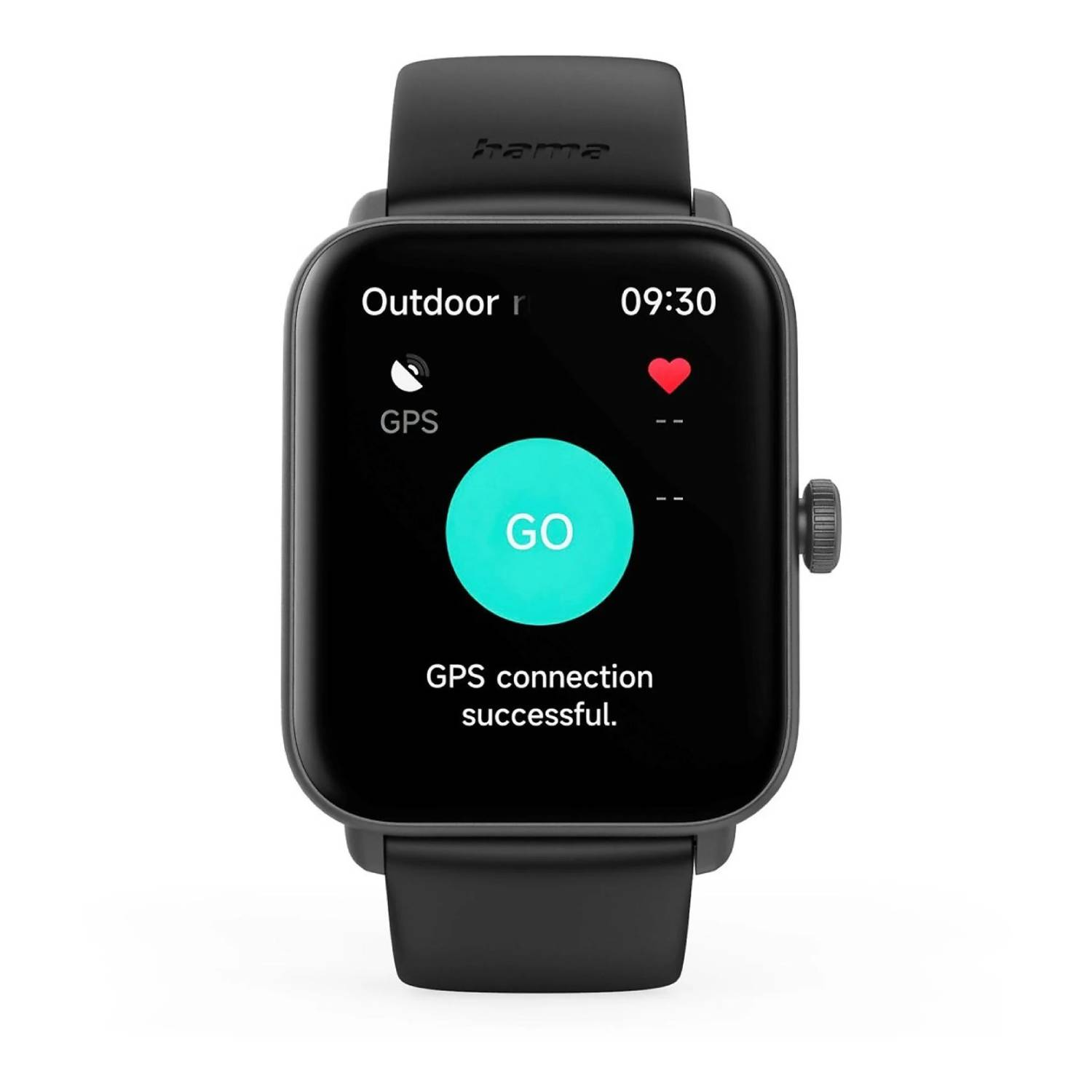 La montre connectée noire affiche 'Connexion GPS réussie'. L'écran montre le bouton 'GO', la fréquence cardiaque et l'heure.