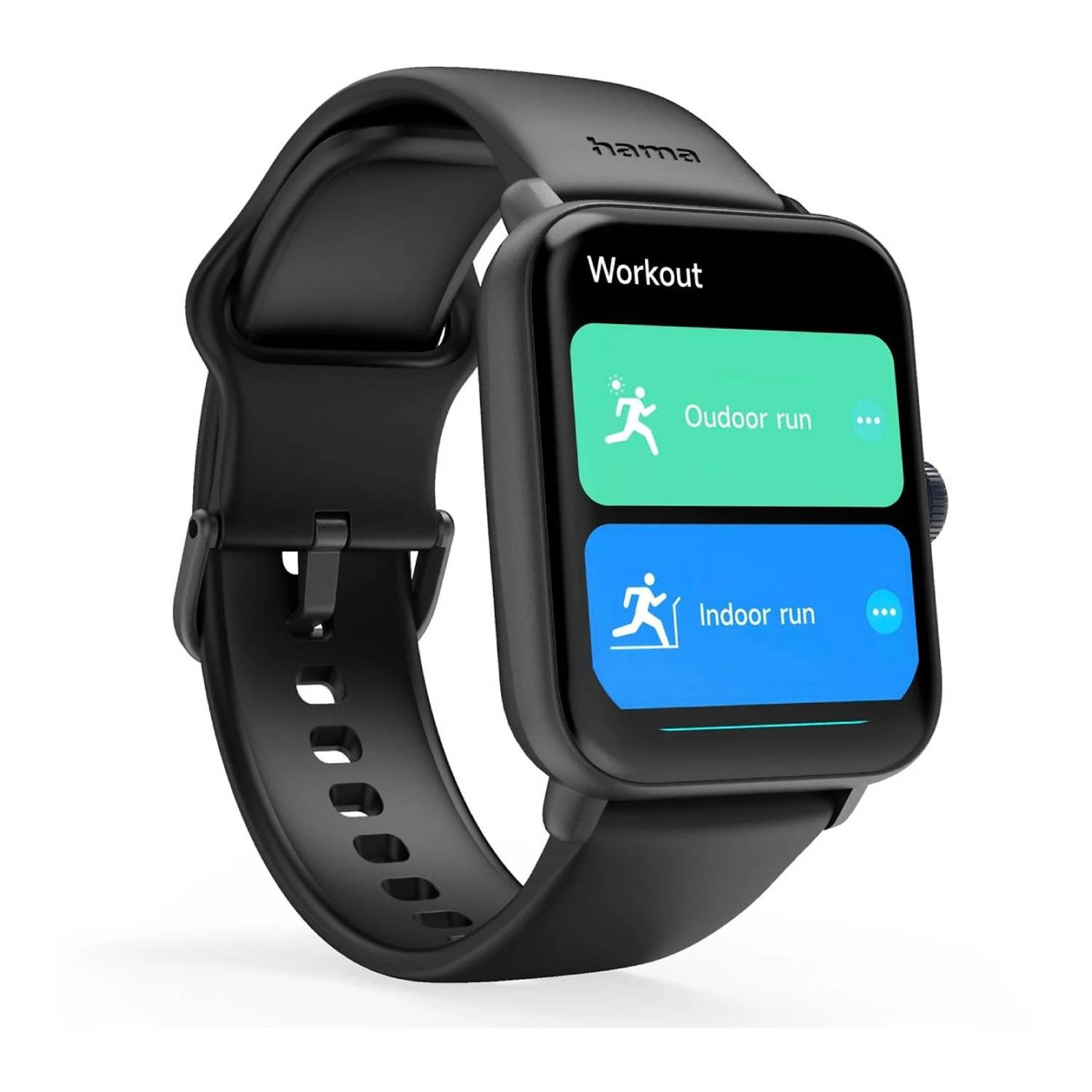 Smartwatch noire avec options d'entraînement: course en extérieur et en intérieur. Logo Hama visible.