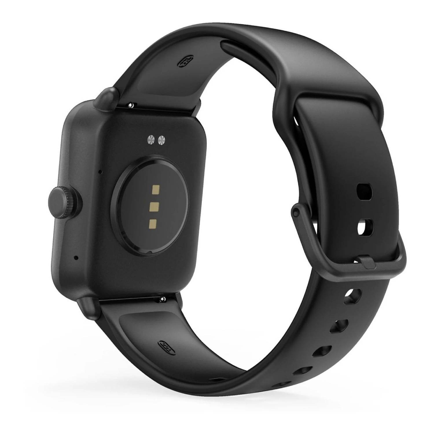 Une montre intelligente noire avec un cadran rectangulaire et un bracelet noir. La montre est inclinée, montrant l'arrière avec des capteurs.