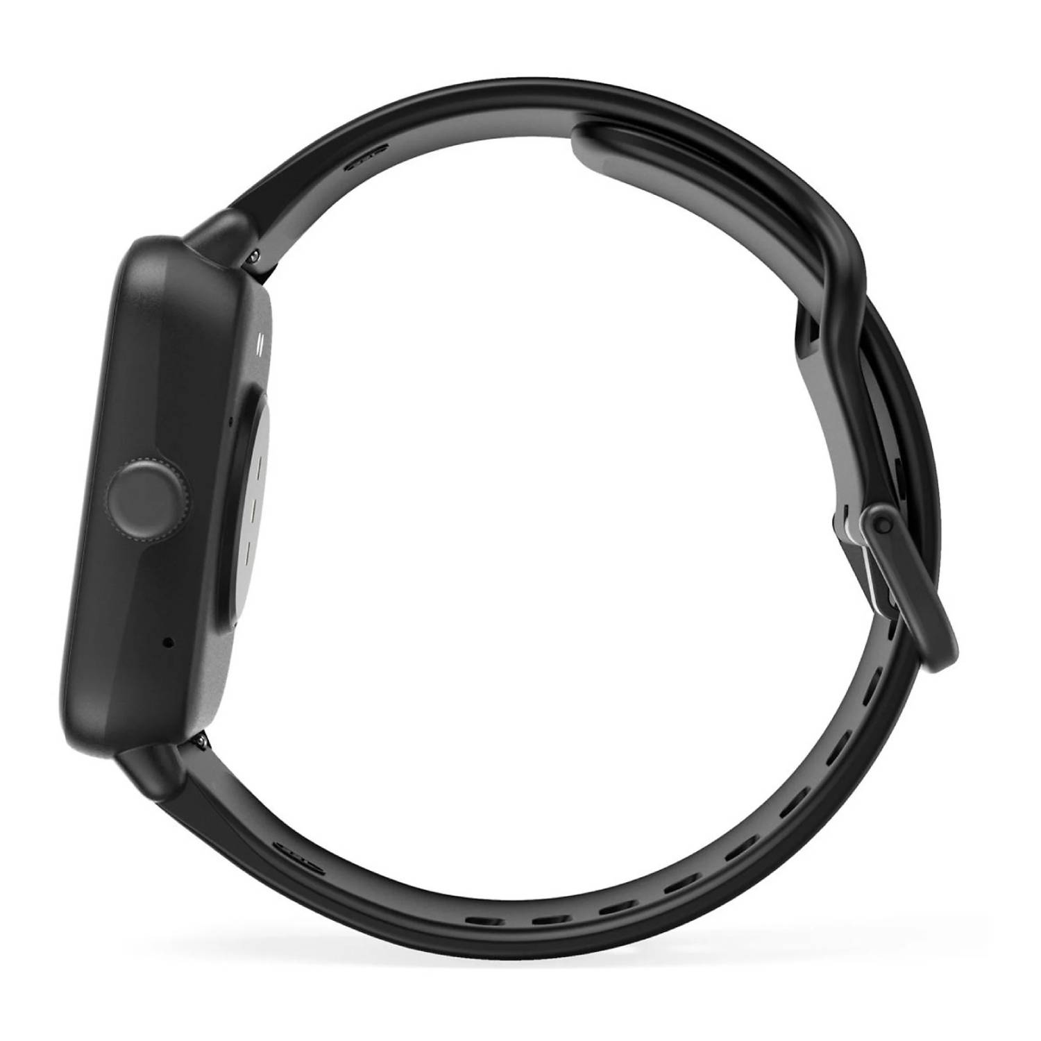 Montre connectée noire avec cadran carré et bracelet noir. La montre est présentée de côté sur fond blanc.