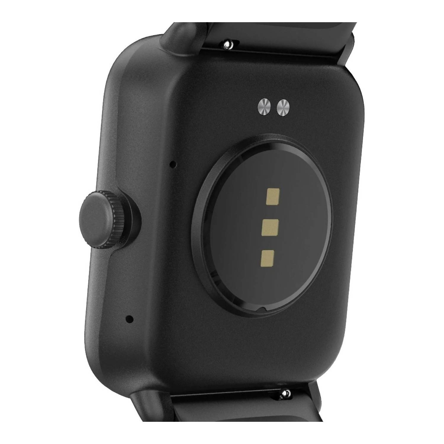 Gros plan d'une montre intelligente noire. Le dos montre un capteur, des points de charge et des connecteurs de bracelet. Un bouton latéral est visible.