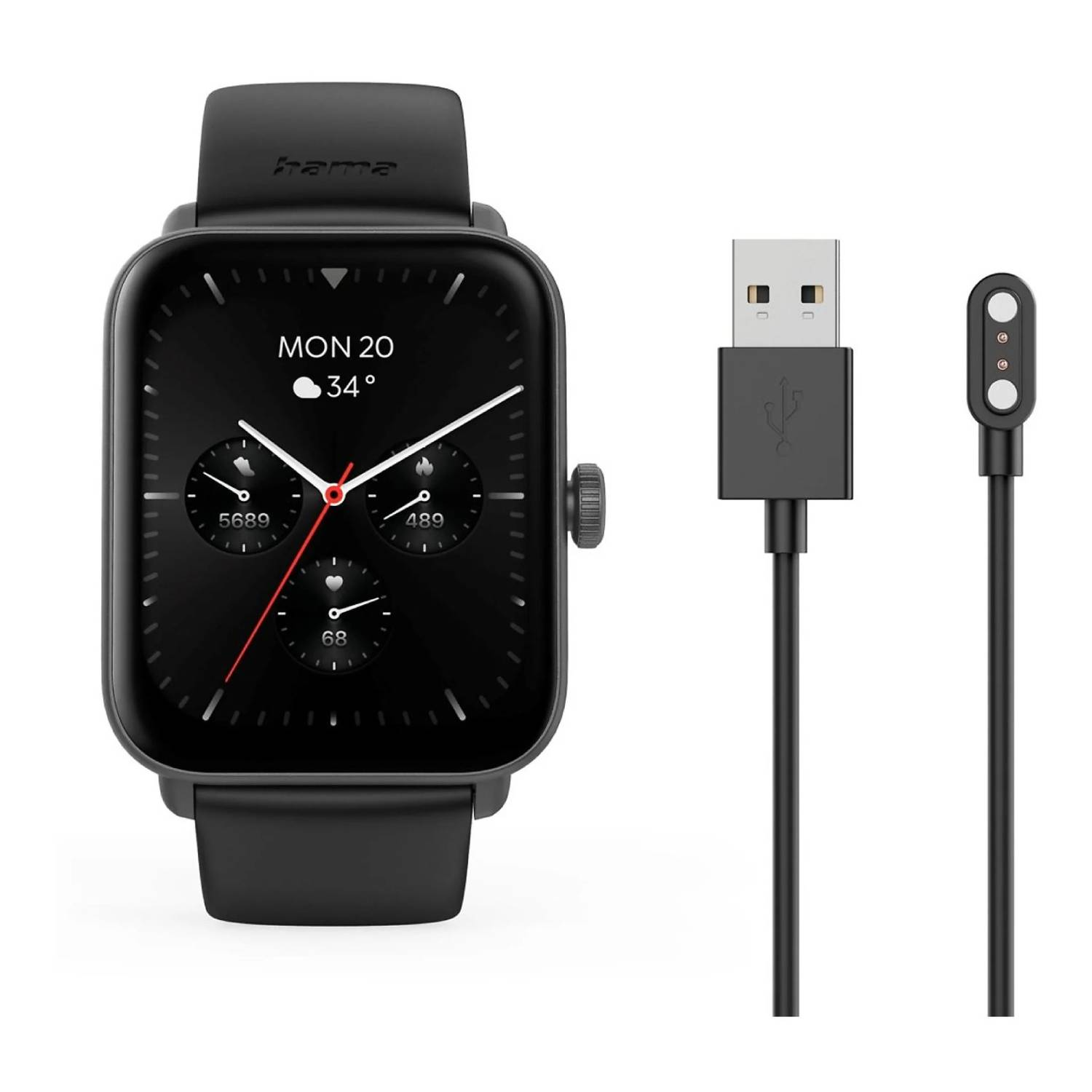 Montre connectée noire avec bracelet noir, câble de charge et câble USB. La montre affiche l'heure, la température et les mesures d'activité.
