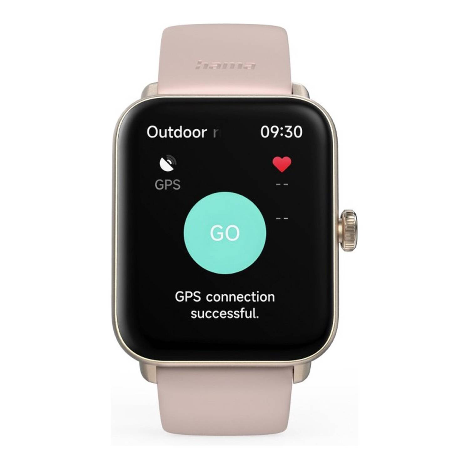 Smartwatch met zwart scherm dat GPS verbinding toont, met roze bandje.