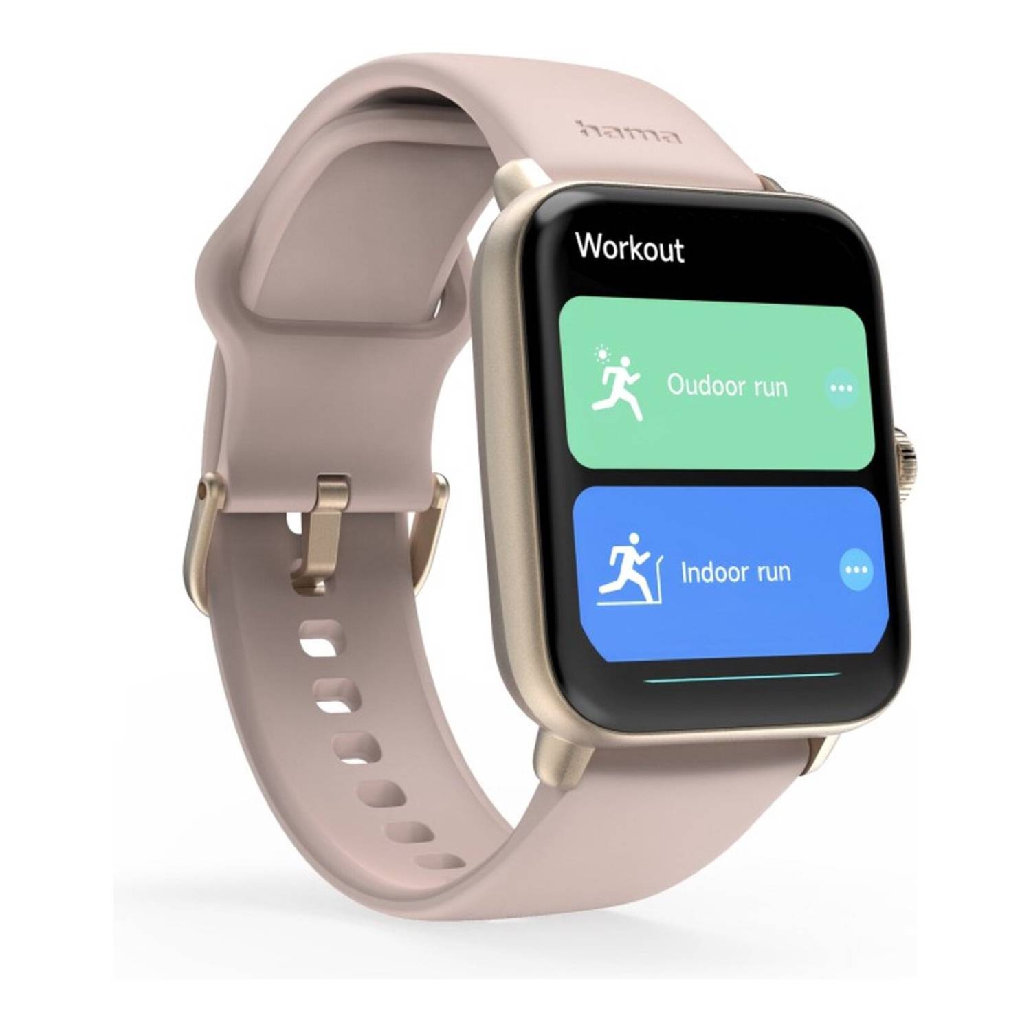 Een beige smartwatch toont workout-opties. Het scherm toont de opties 'Buiten hardlopen' en 'Binnen hardlopen' met hardloop-iconen.