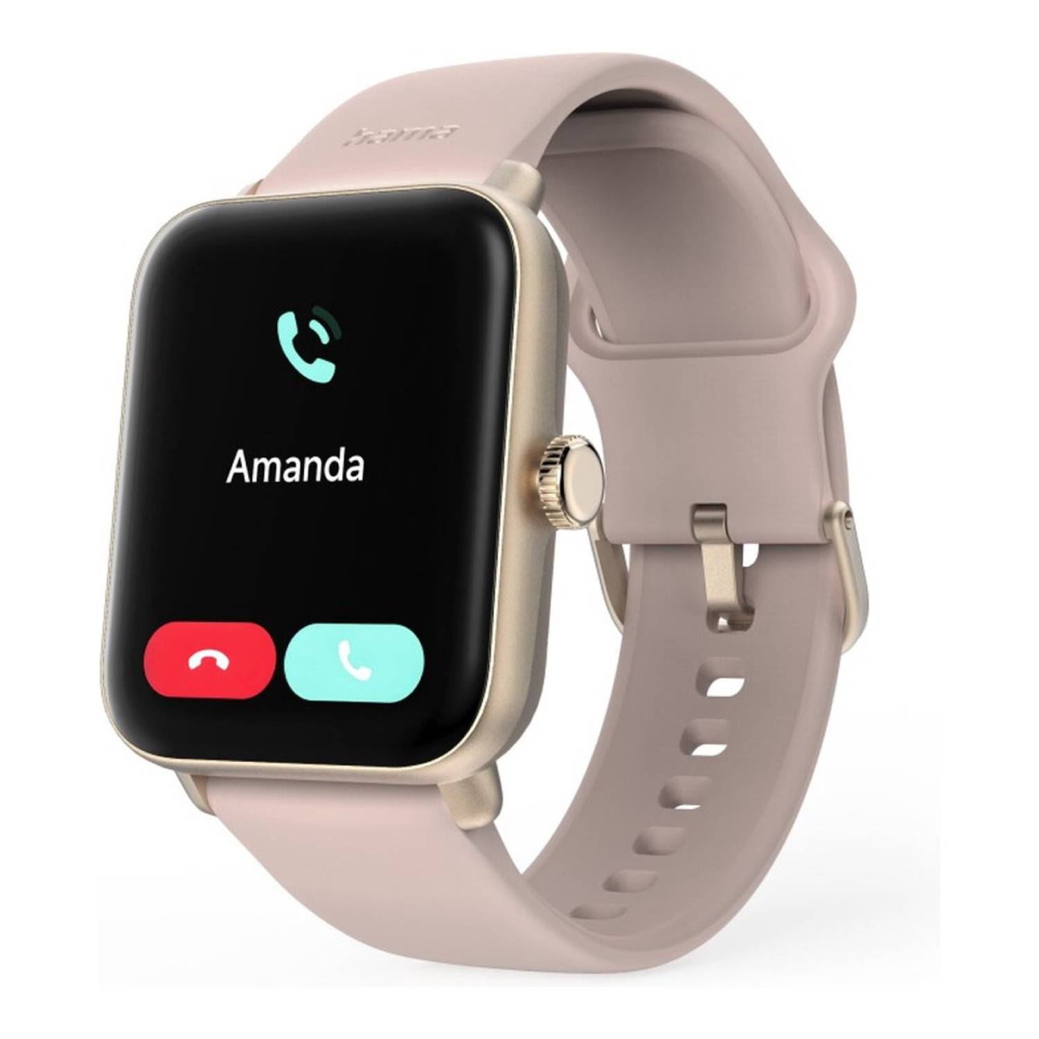 Een smartwatch toont een inkomende oproep van Amanda. Het horloge is roze-beige, met een zwart scherm dat belknoppen toont.