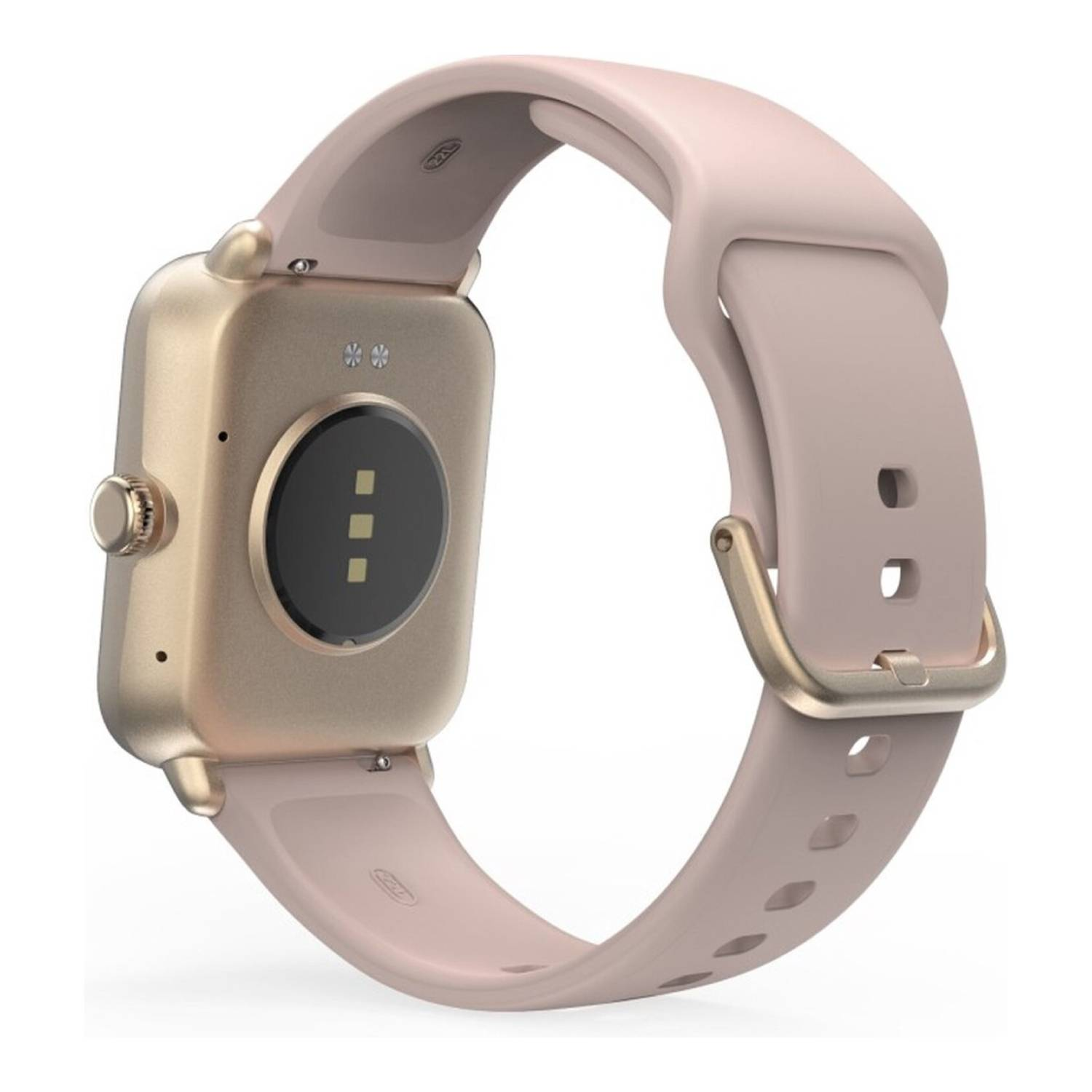 Een roségouden smartwatch met een roze band. De wijzerplaat heeft een zwarte sensor. De band is gespannen en heeft gaten.