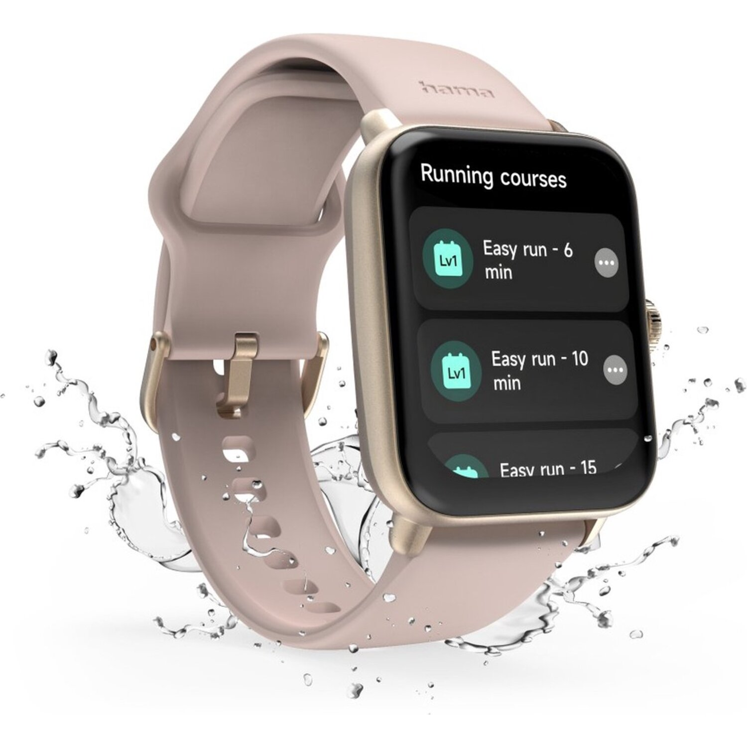 Een smartwatch met roze band en gouden behuizing toont hardloopcursussen. Water spettert rond het horloge.