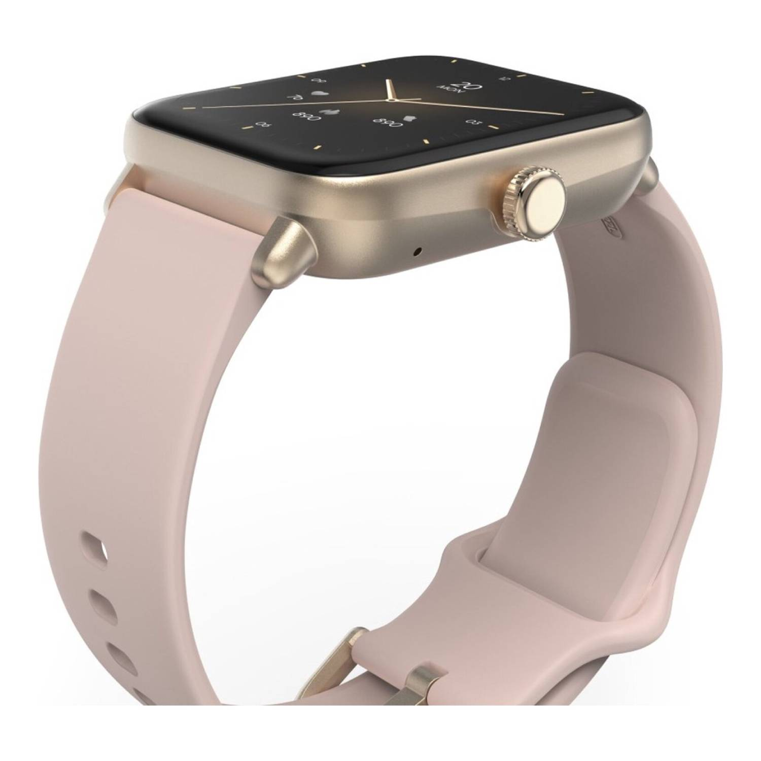 Een smartwatch met een gouden kast en een lichtroze band, de wijzerplaat is zwart met witte cijfers.