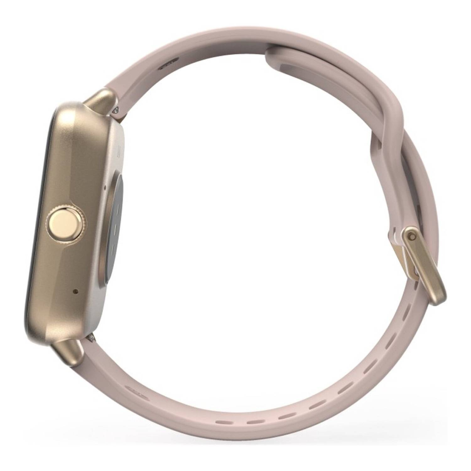 Gouden smartwatch met een roze bandje. De wijzerplaat is vierkant met een knop. De band sluit met een gouden gesp.