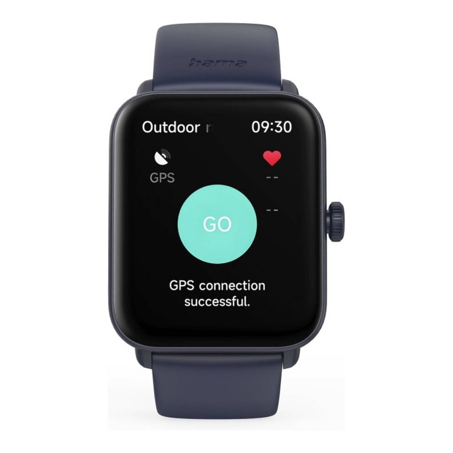 Smartwatch bleu affiche 'Outdoor', 09:30, connexion GPS réussie et un bouton 'GO'.