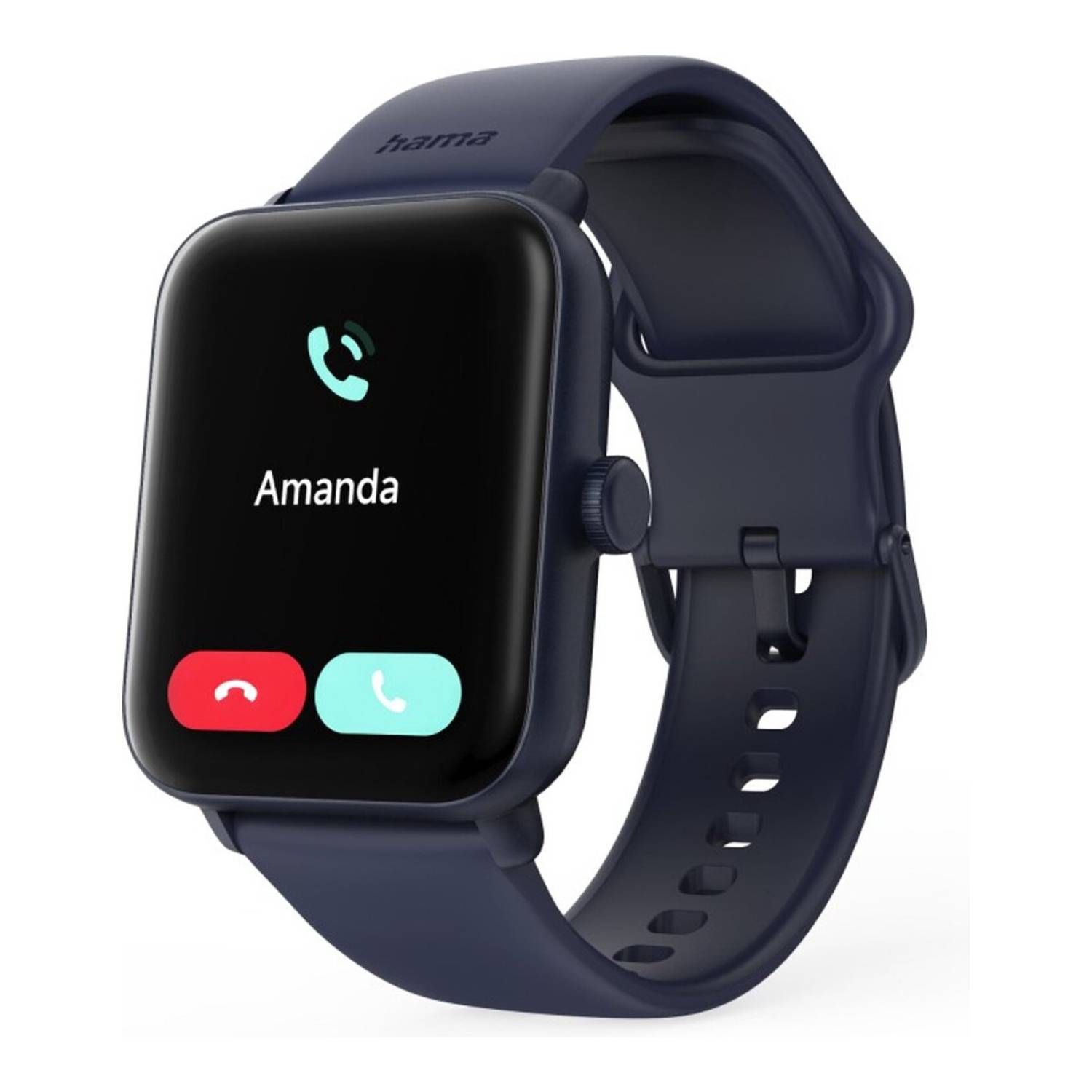 Une montre connectée affiche un appel entrant d'Amanda. La montre a un bracelet bleu et un écran noir avec des icônes pour accepter/rejeter les appels.
